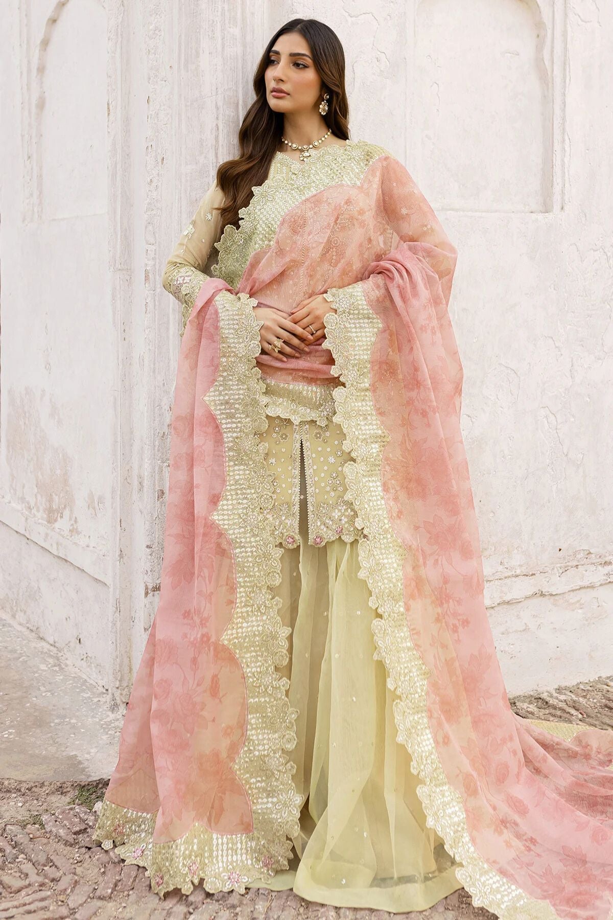 Farasha Embroidered Chiffon Wedding Wear Sharara Marigold Bliss FAR12