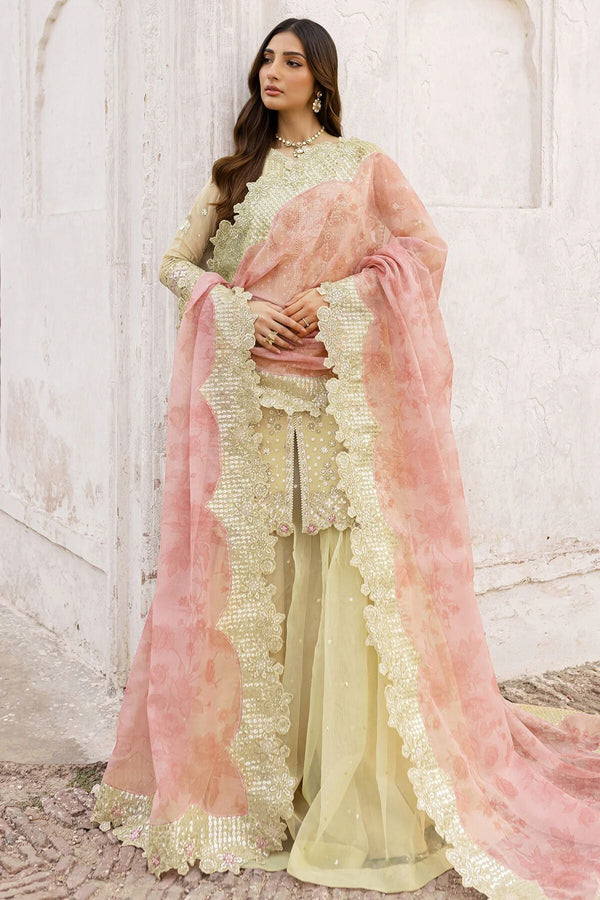 Farasha Embroidered Chiffon Wedding Wear Sharara Marigold Bliss FAR12