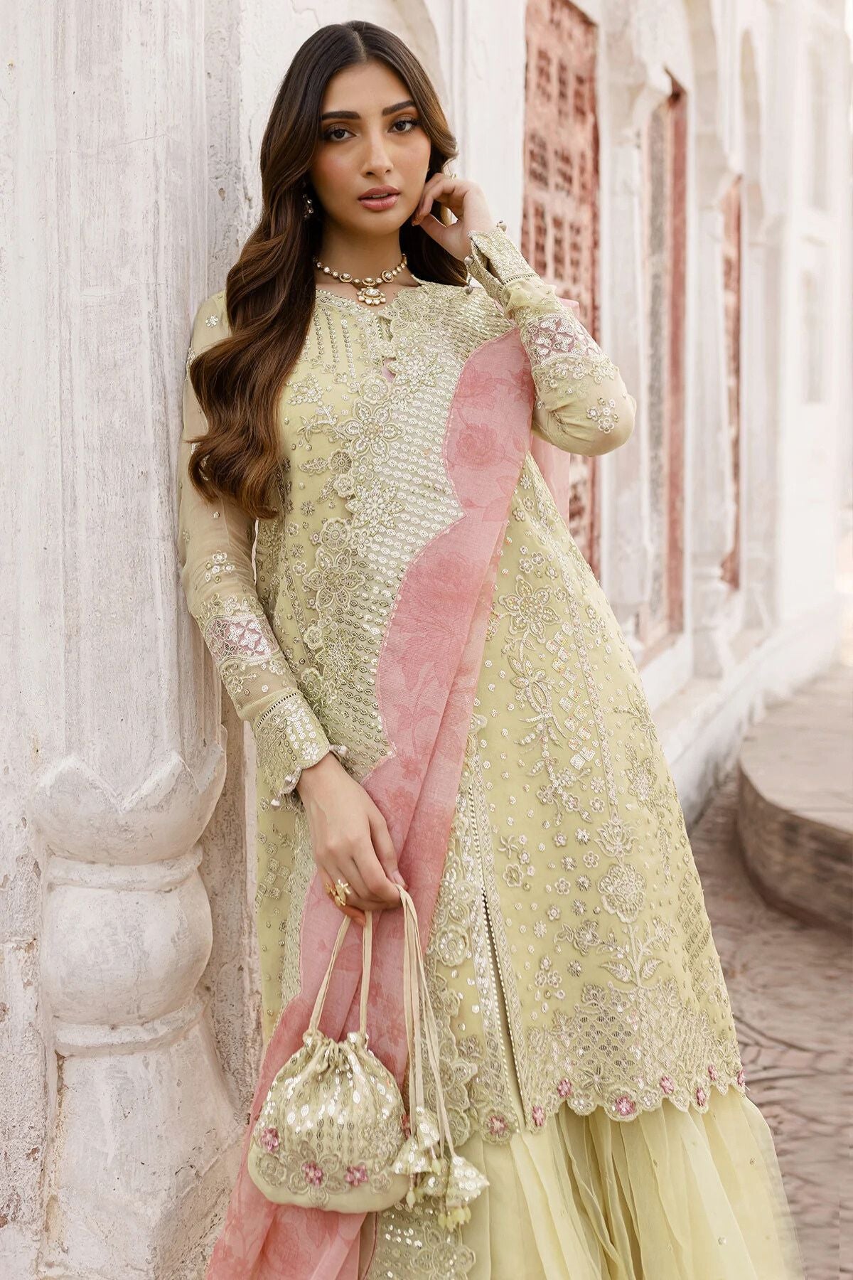 Farasha Embroidered Chiffon Wedding Wear Sharara Marigold Bliss FAR12