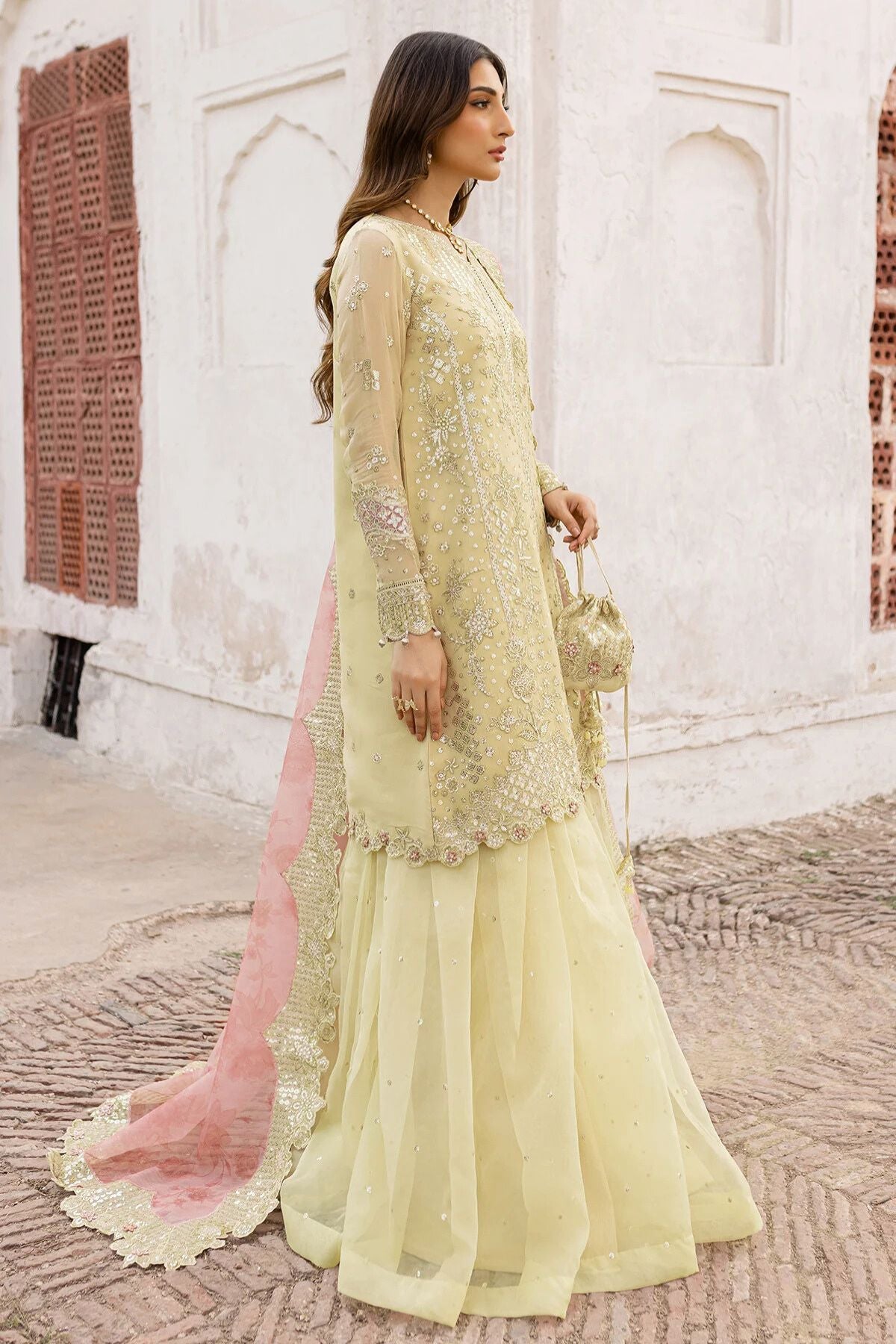 Farasha Embroidered Chiffon Wedding Wear Sharara Marigold Bliss FAR12