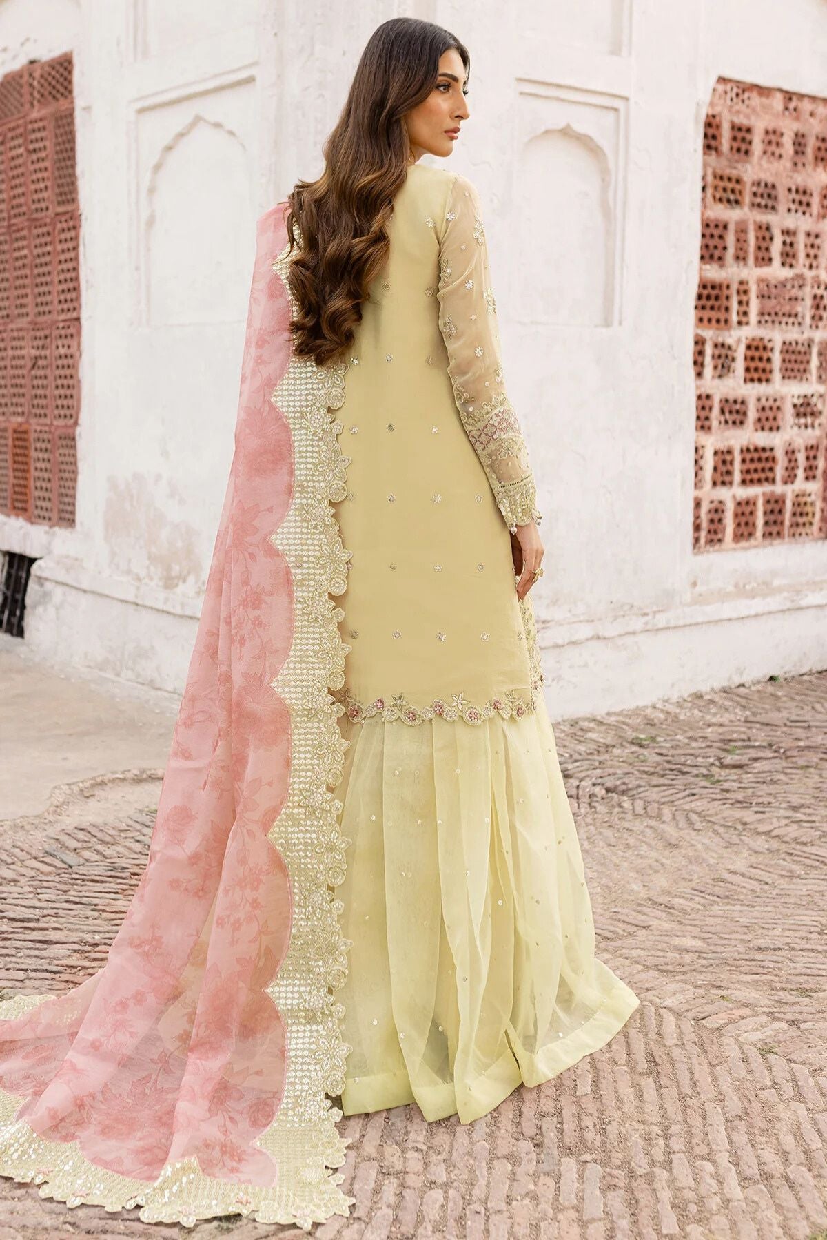 Farasha Embroidered Chiffon Wedding Wear Sharara Marigold Bliss FAR12