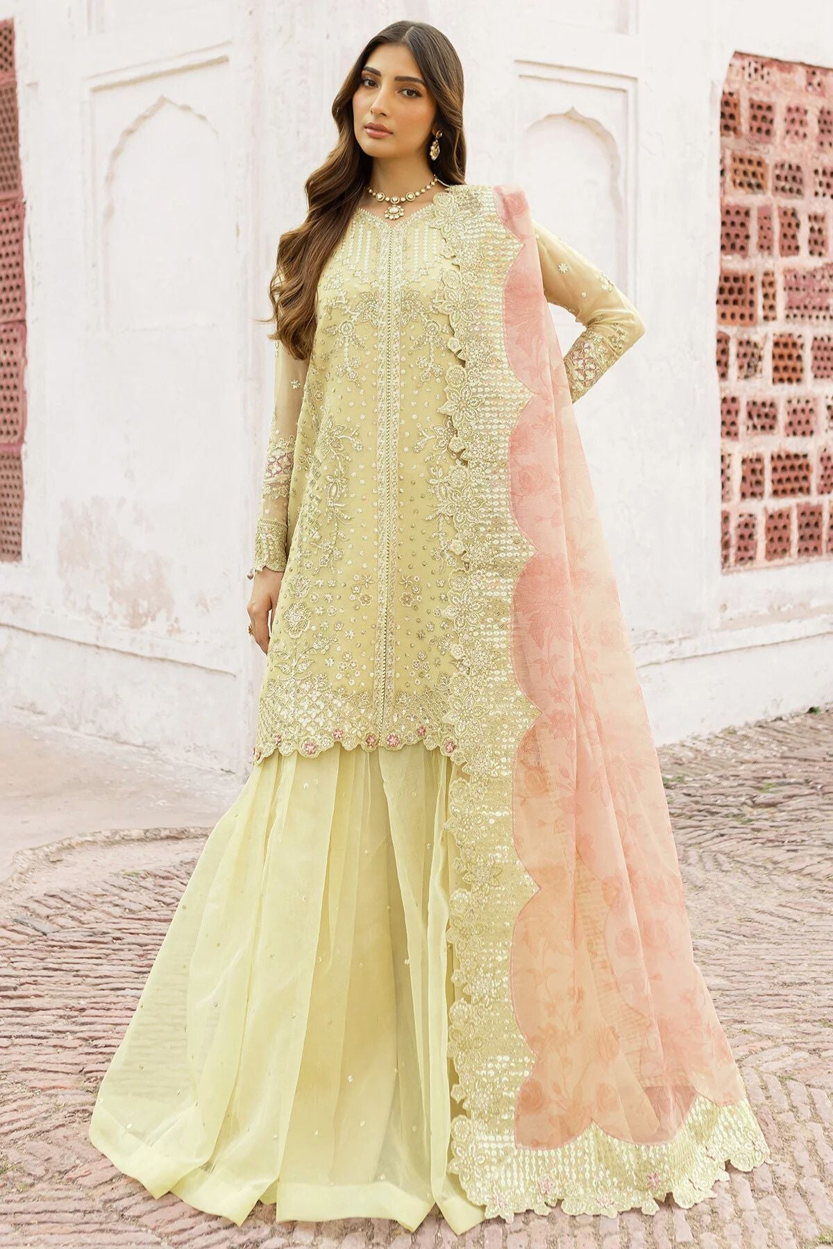 Farasha Embroidered Chiffon Wedding Wear Sharara Marigold Bliss FAR12
