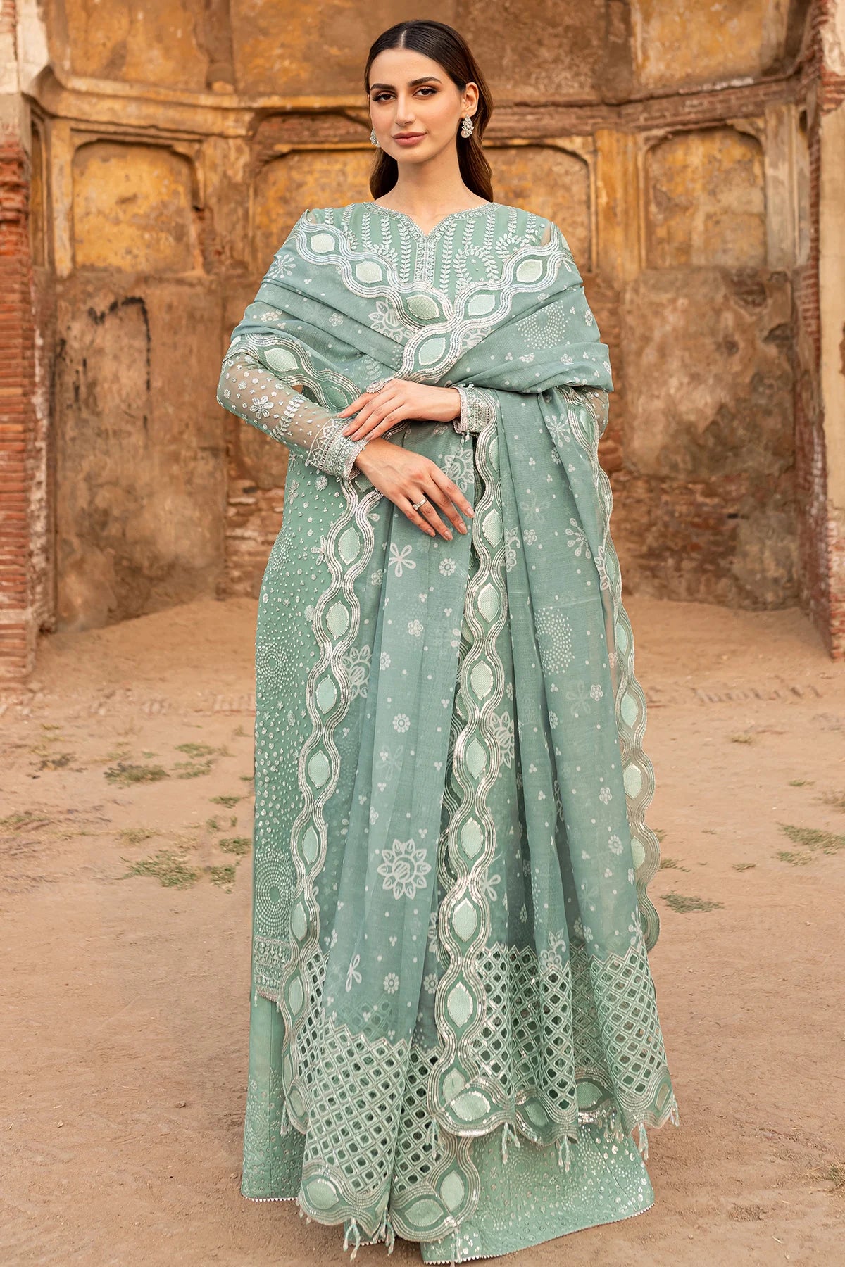 Farasha Embroidered Chiffon Wedding Wear Ocean Light FAR13
