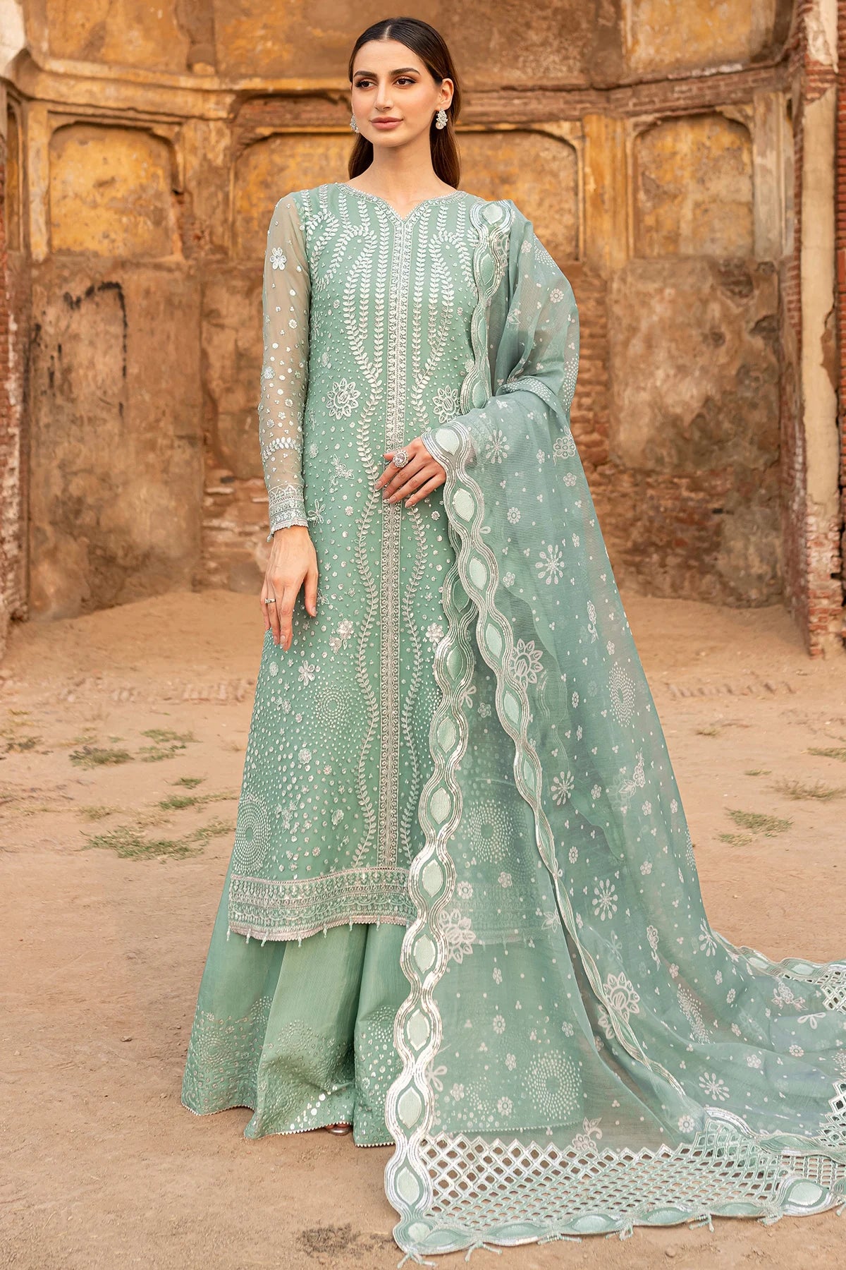 Farasha Embroidered Chiffon Wedding Wear Ocean Light FAR13
