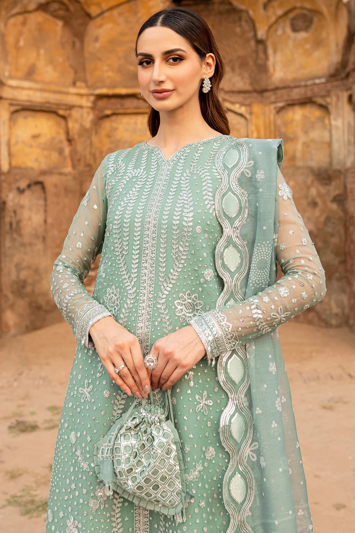 Farasha Embroidered Chiffon Wedding Wear Ocean Light FAR13