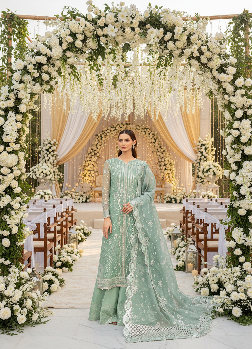 Farasha Embroidered Chiffon Wedding Wear Ocean Light FAR13