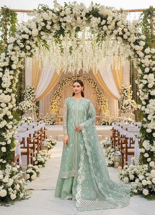 Farasha Embroidered Chiffon Wedding Wear Ocean Light FAR13