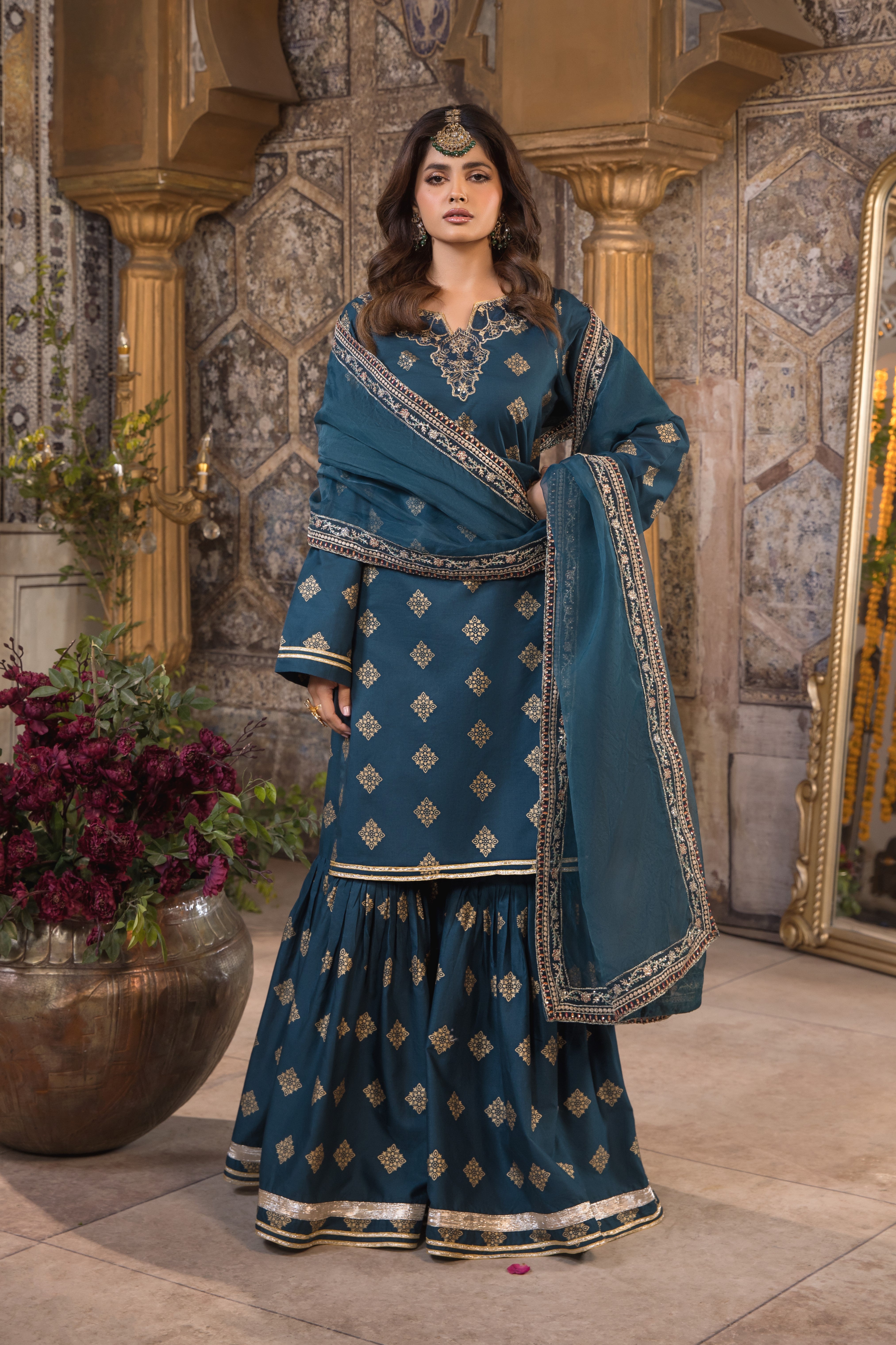 Heeras Embroidered Cambric 3 Piece Gharara Suit HEE21
