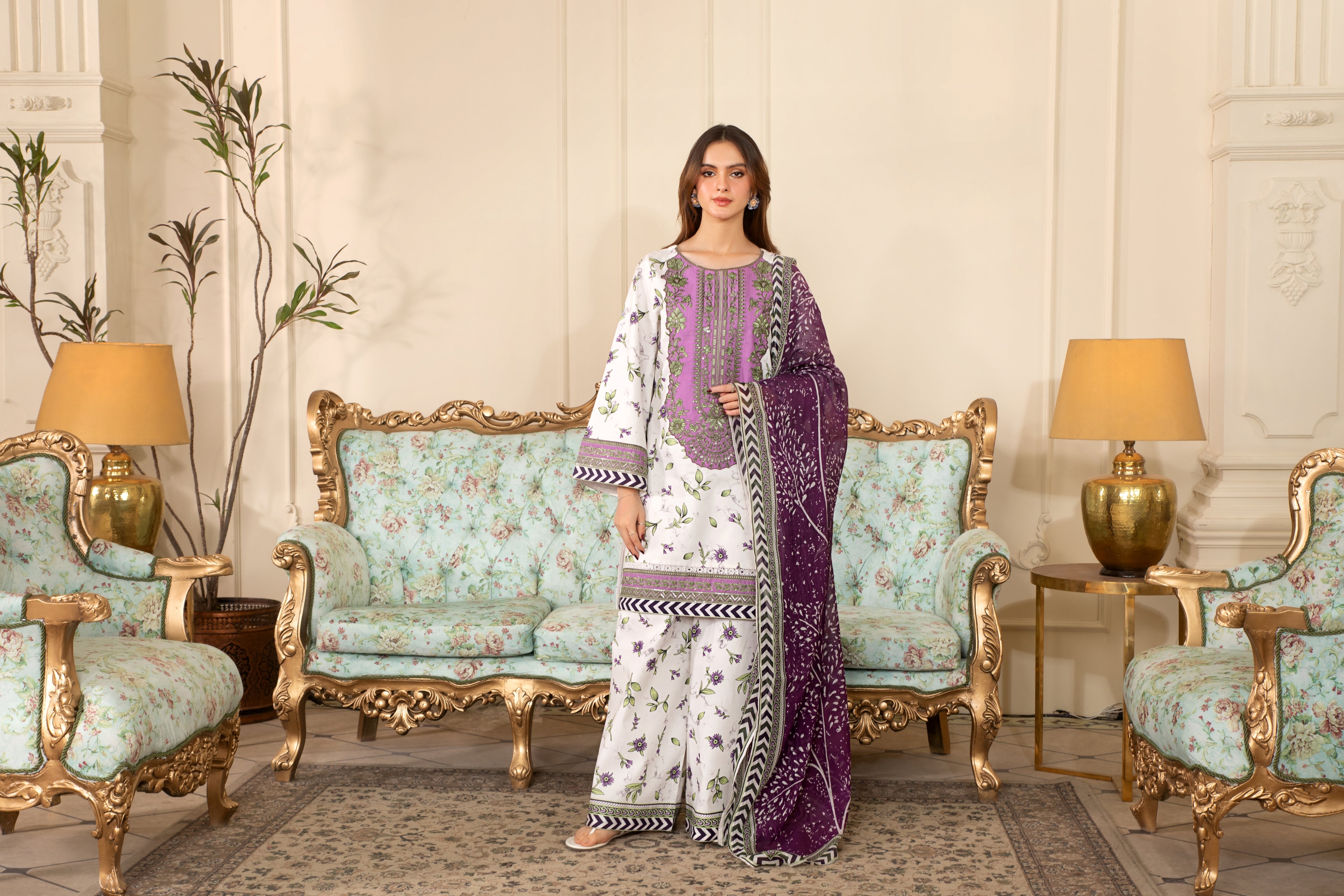 Heeras Embroidered Cambric 3 Piece Suit HEE28