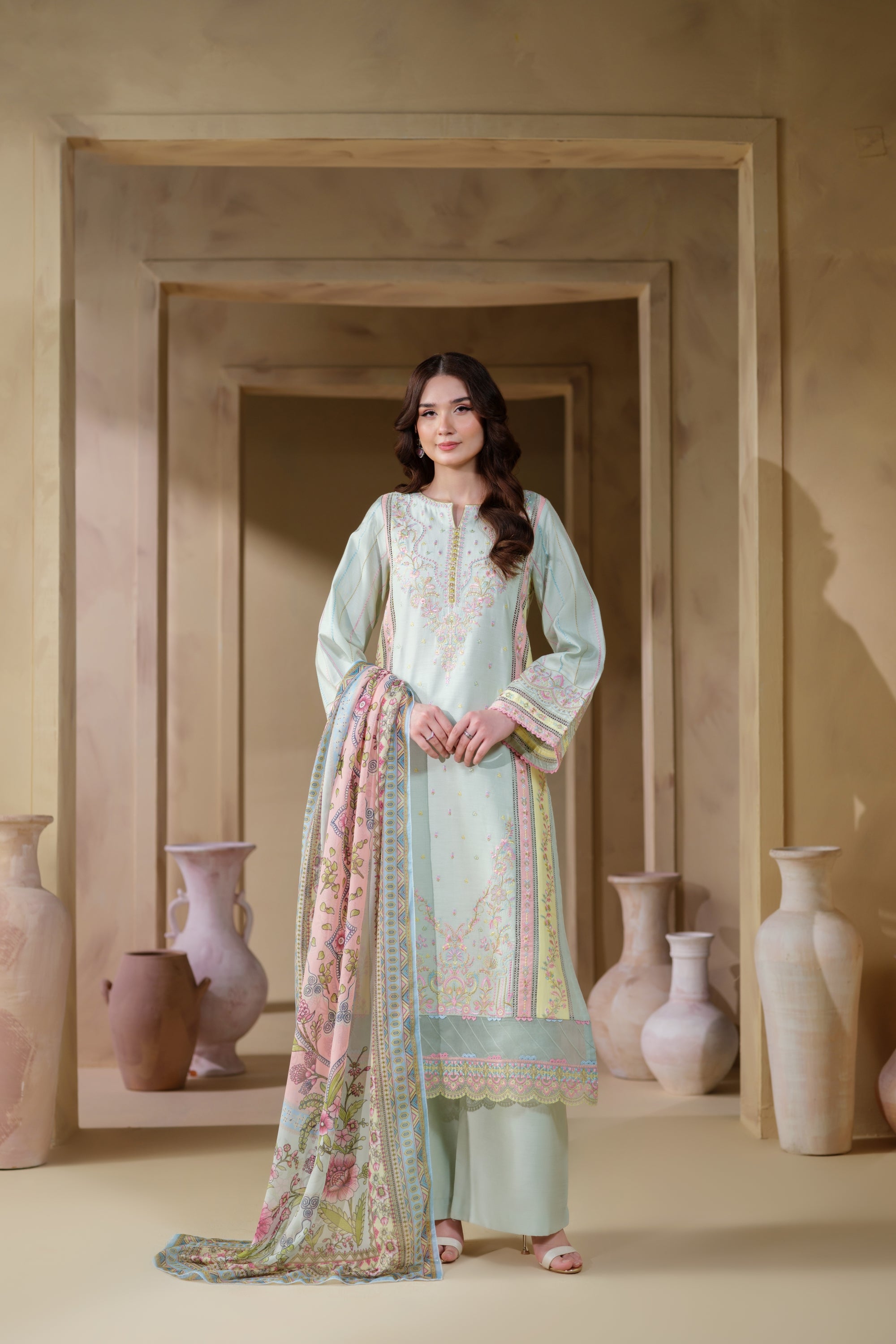 Heeras Embroidered Viscose 3 Piece Suit HEE48