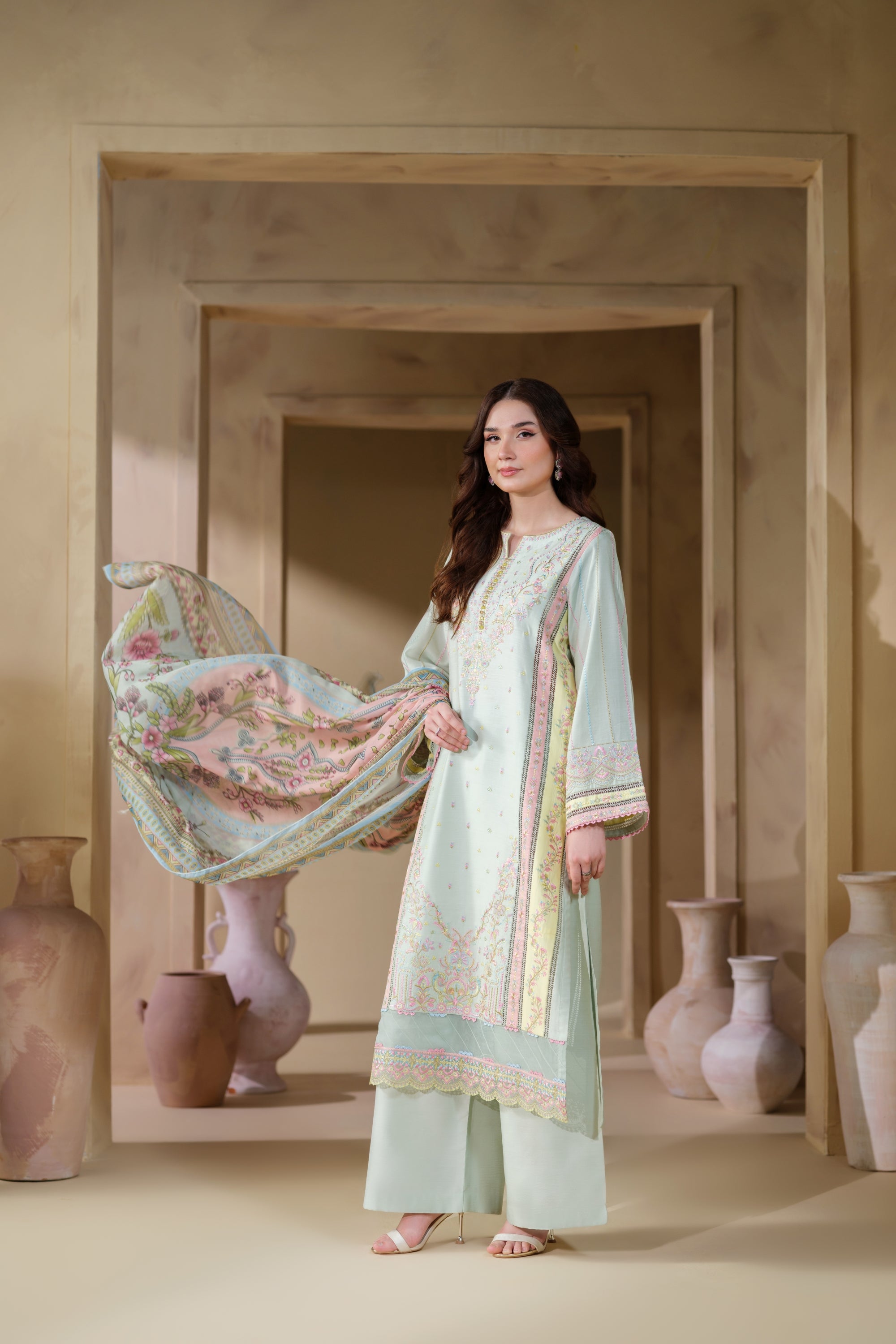 Heeras Embroidered Viscose 3 Piece Suit HEE48