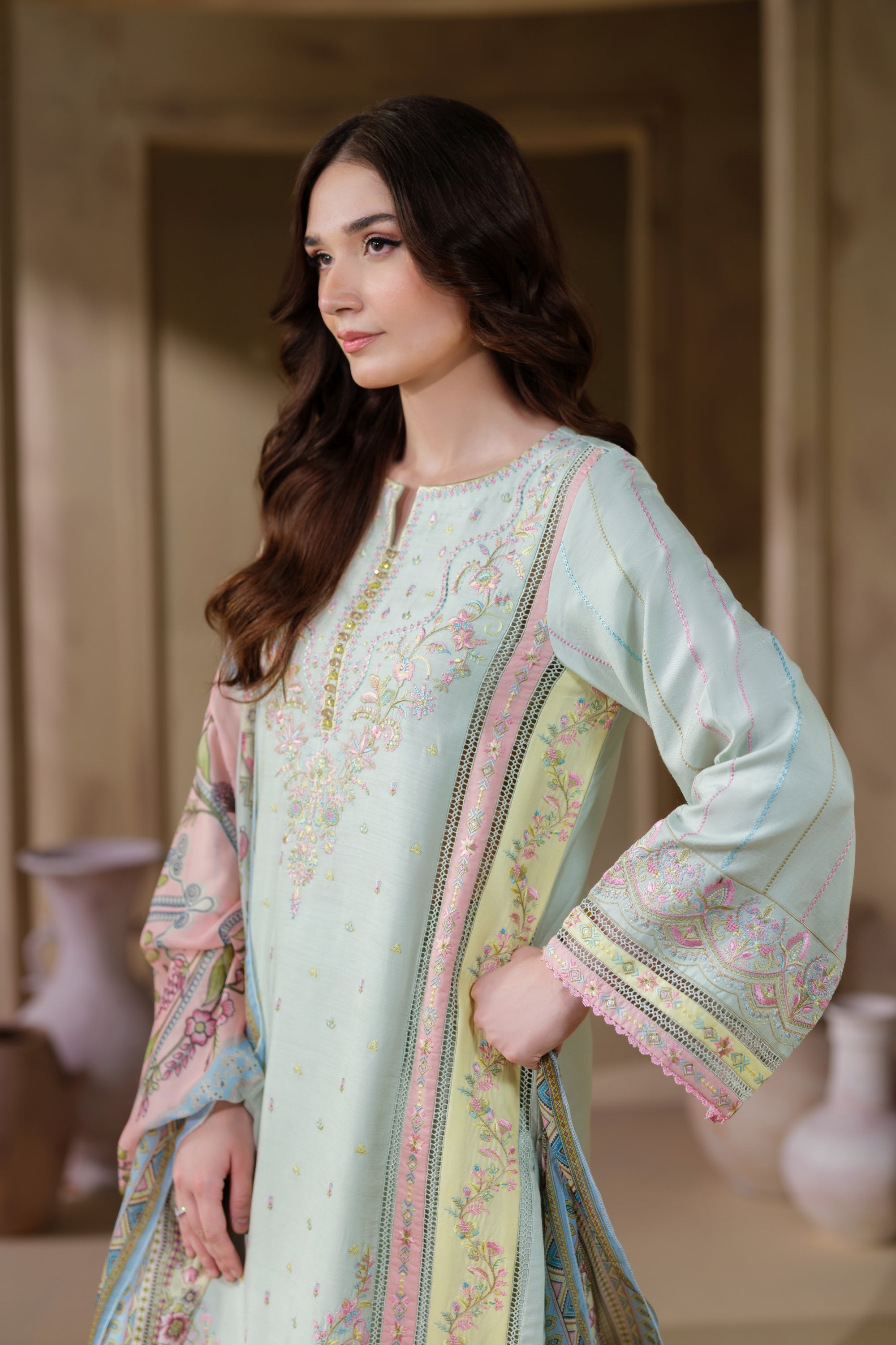 Heeras Embroidered Viscose 3 Piece Suit HEE48