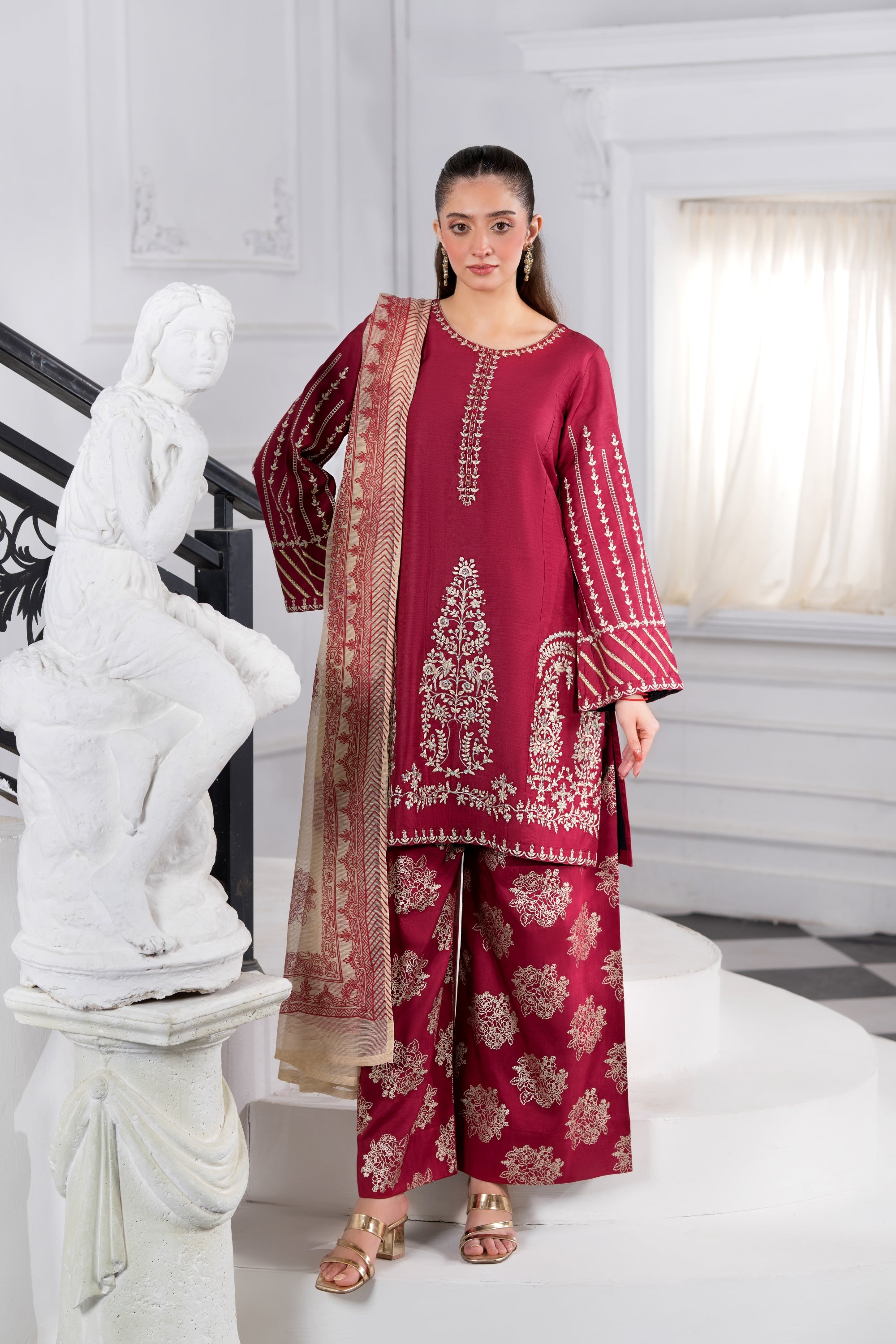 Heeras Embroidered Viscose 3 Piece Suit HEE43