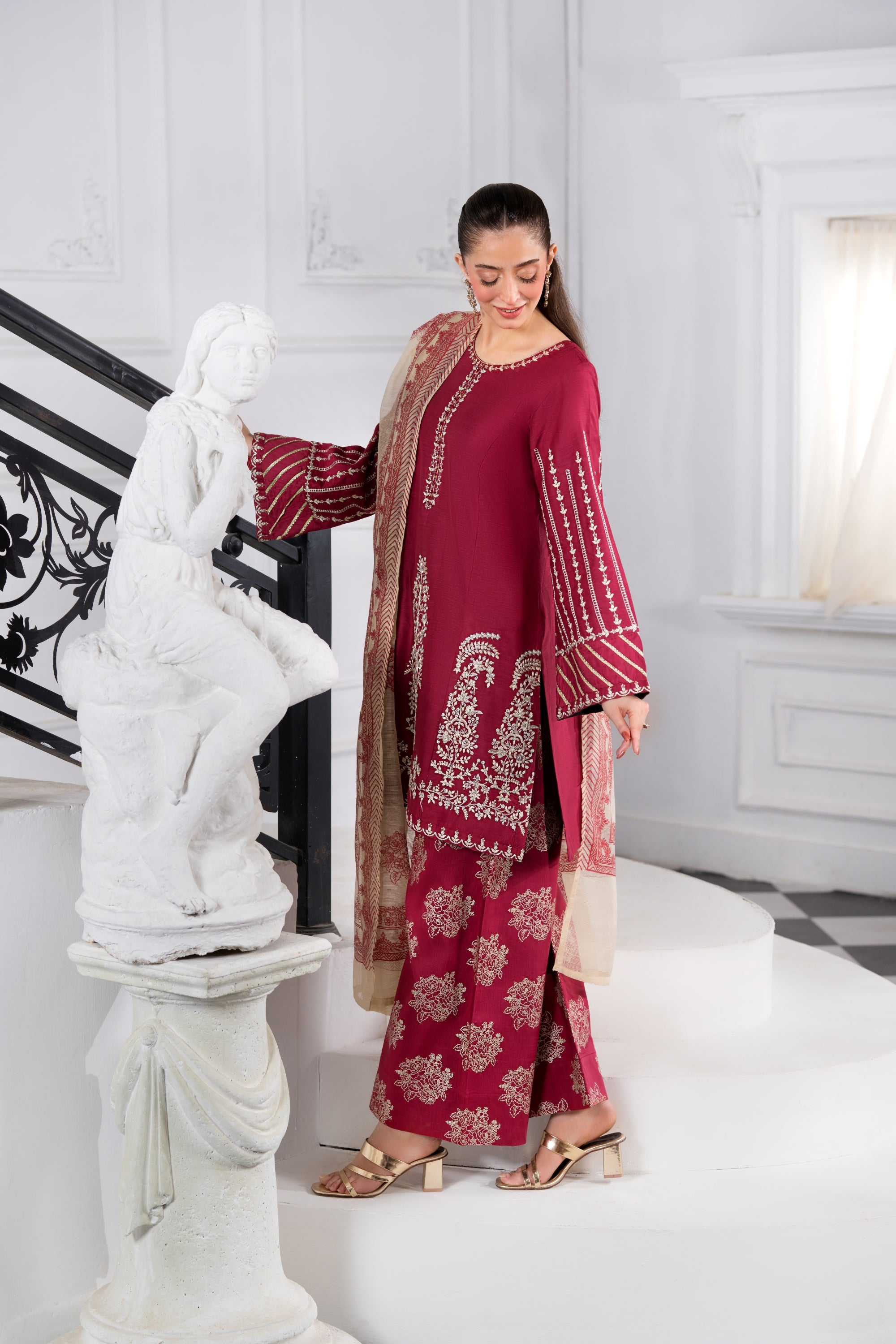 Heeras Embroidered Viscose 3 Piece Suit HEE43