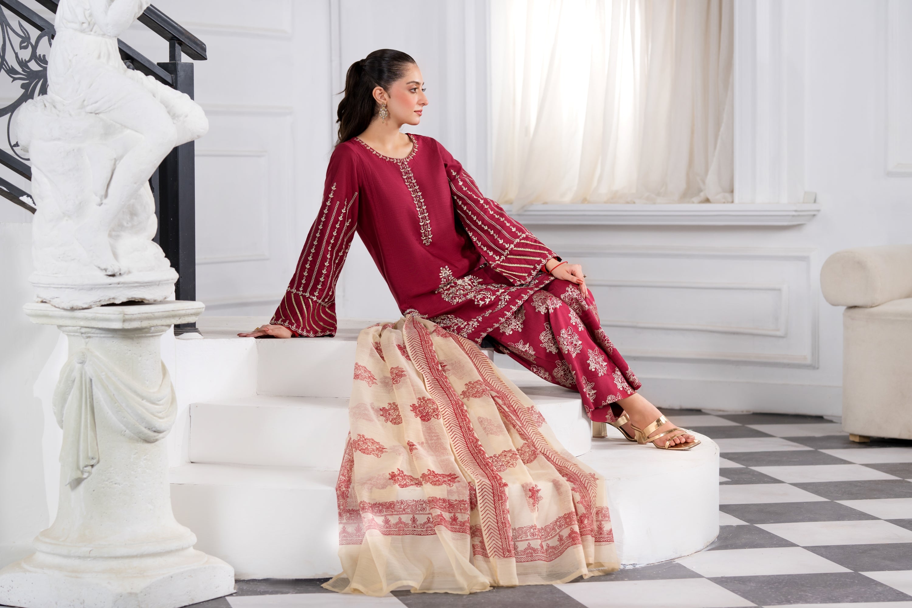 Heeras Embroidered Viscose 3 Piece Suit HEE43