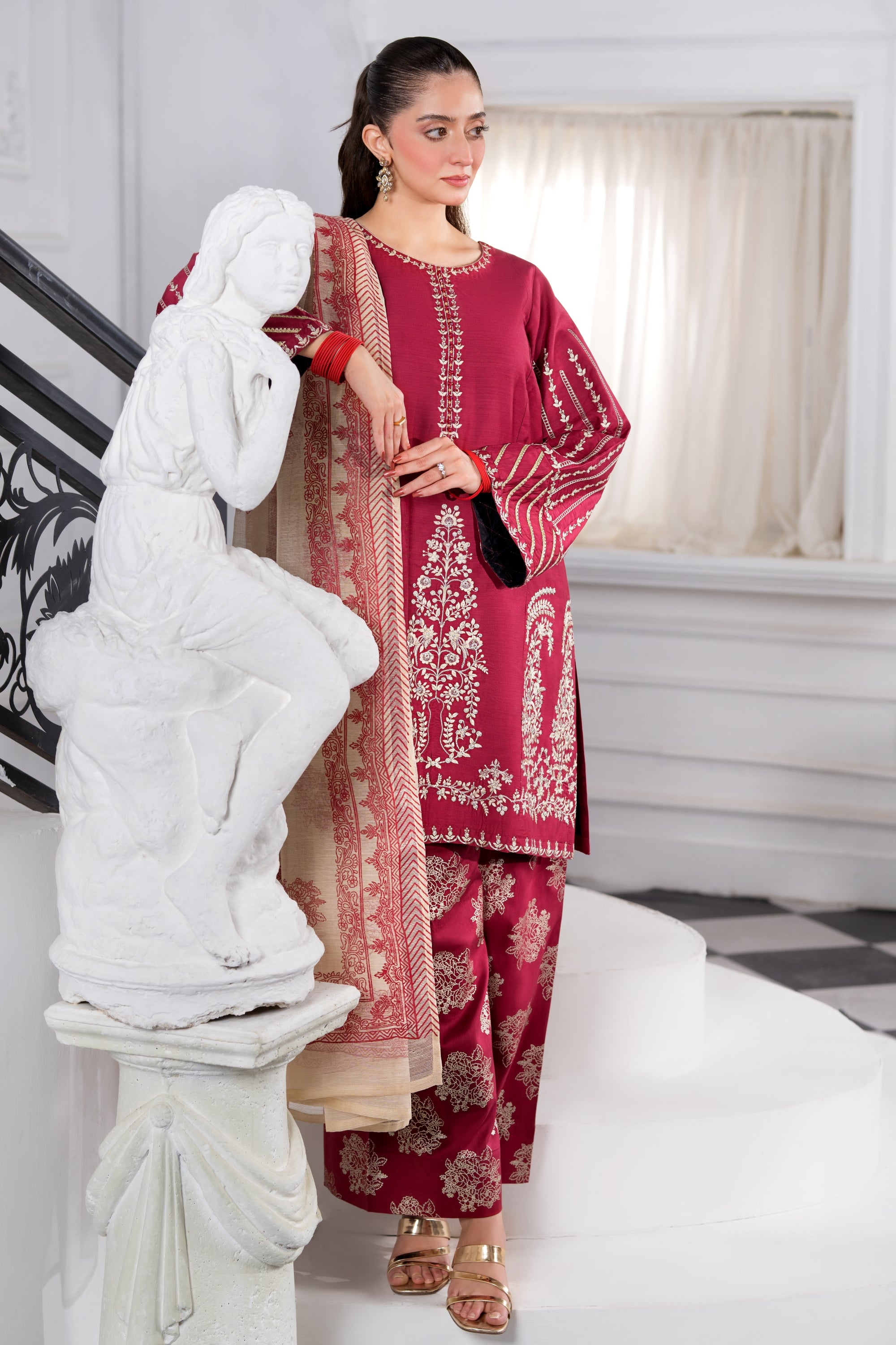 Heeras Embroidered Viscose 3 Piece Suit HEE43