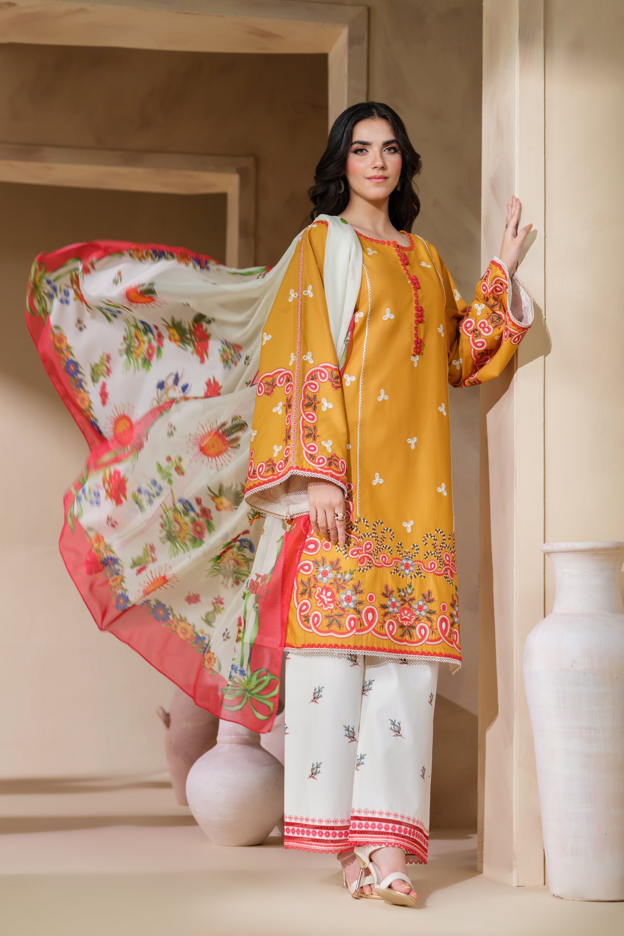 Heeras Embroidered Viscose 3 Piece Suit HEE49