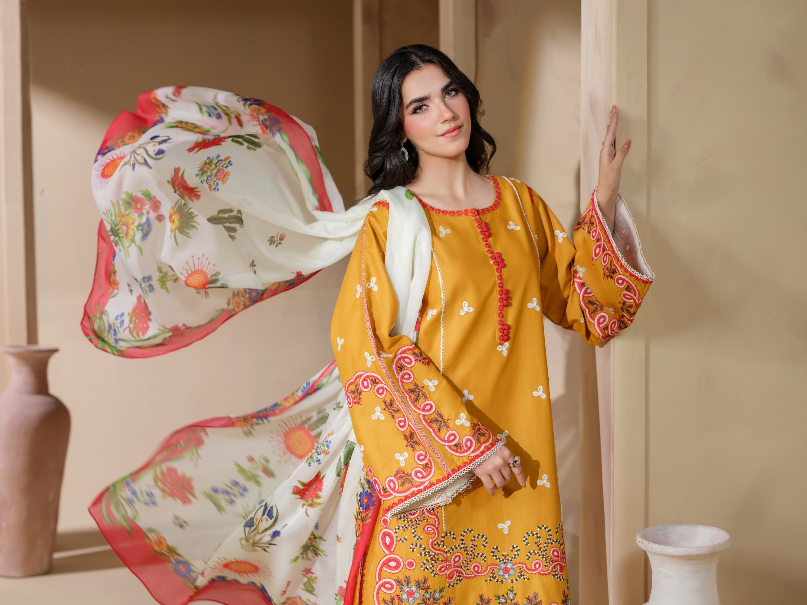 Heeras Embroidered Viscose 3 Piece Suit HEE49