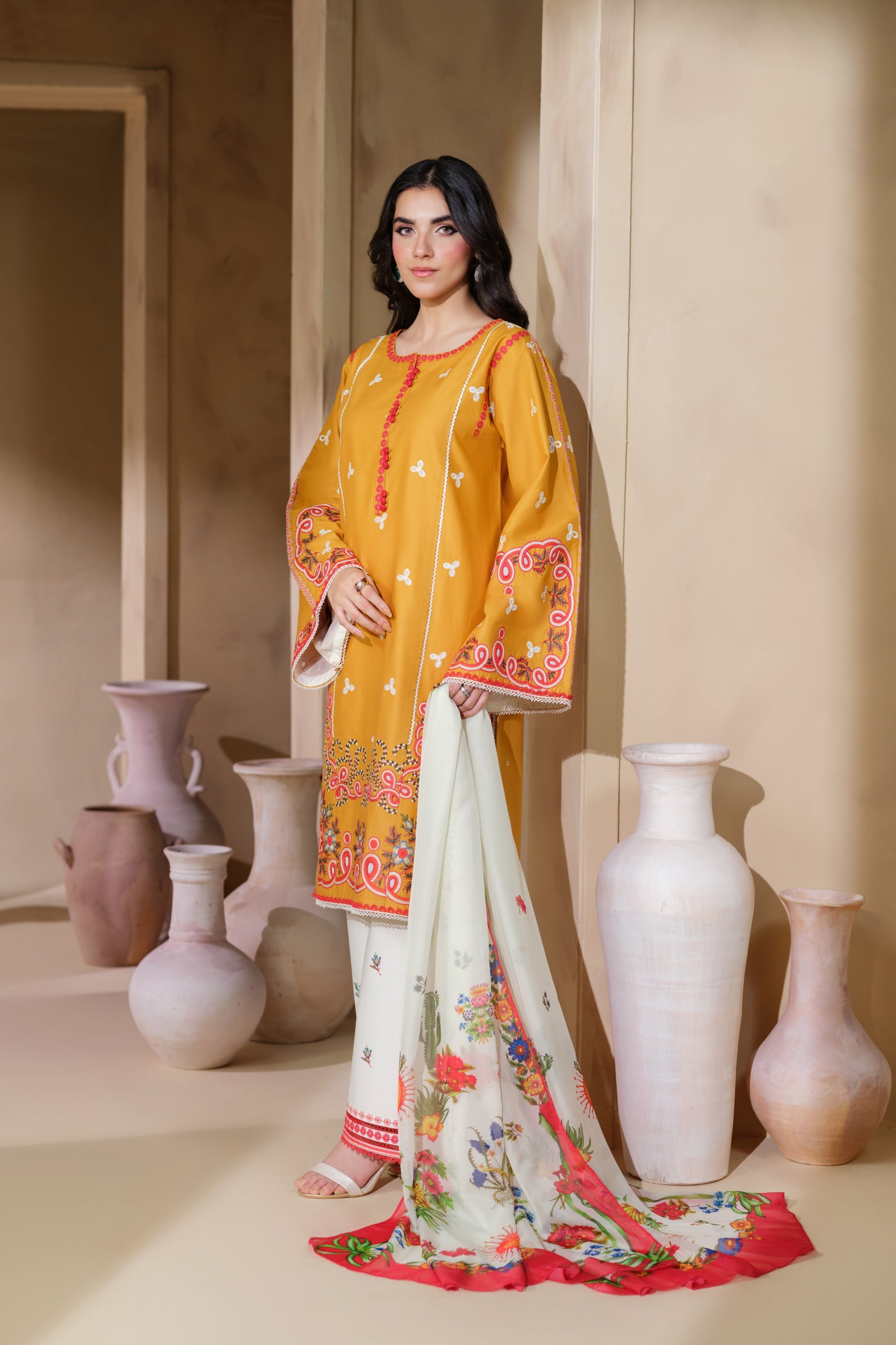 Heeras Embroidered Viscose 3 Piece Suit HEE49