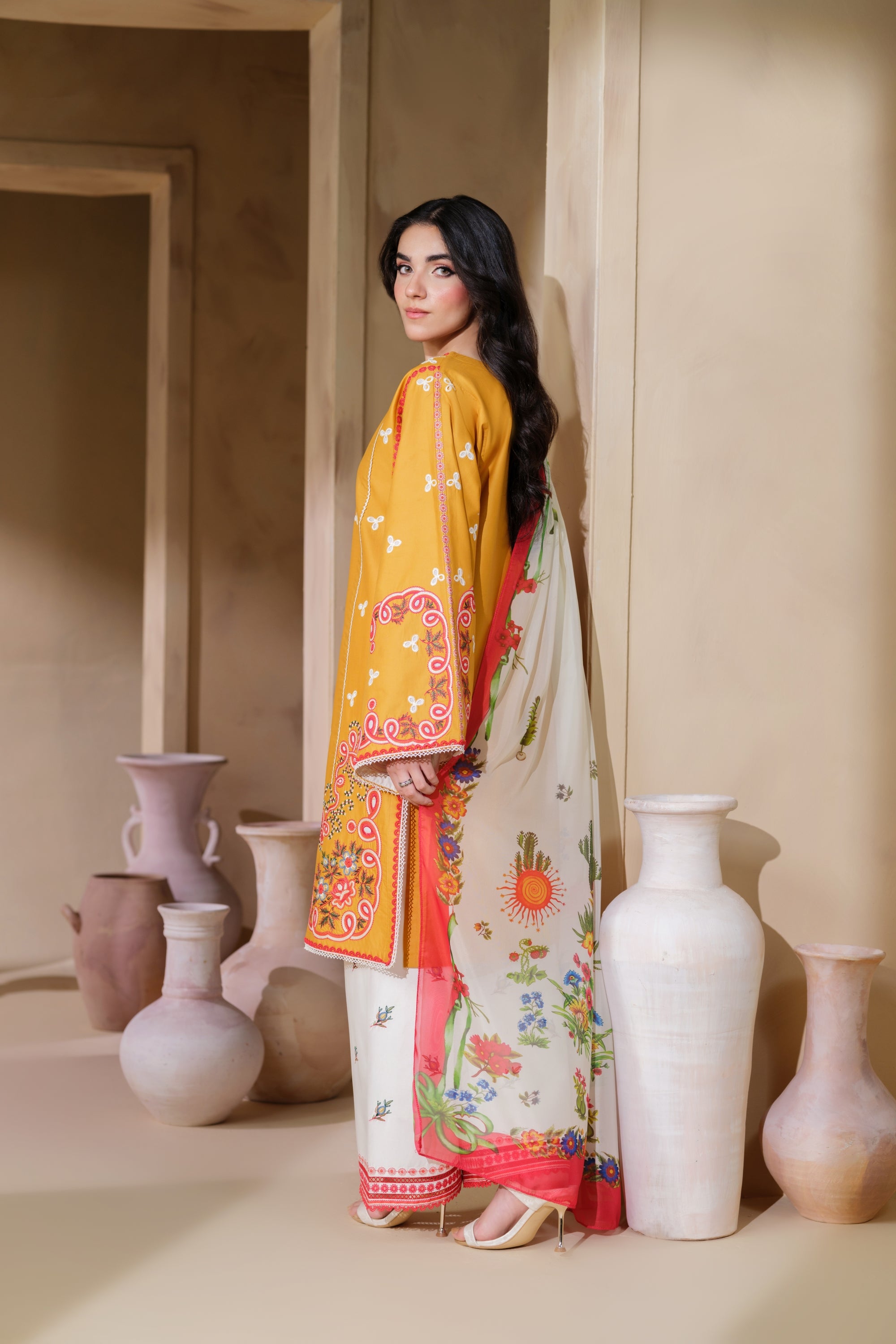 Heeras Embroidered Viscose 3 Piece Suit HEE49