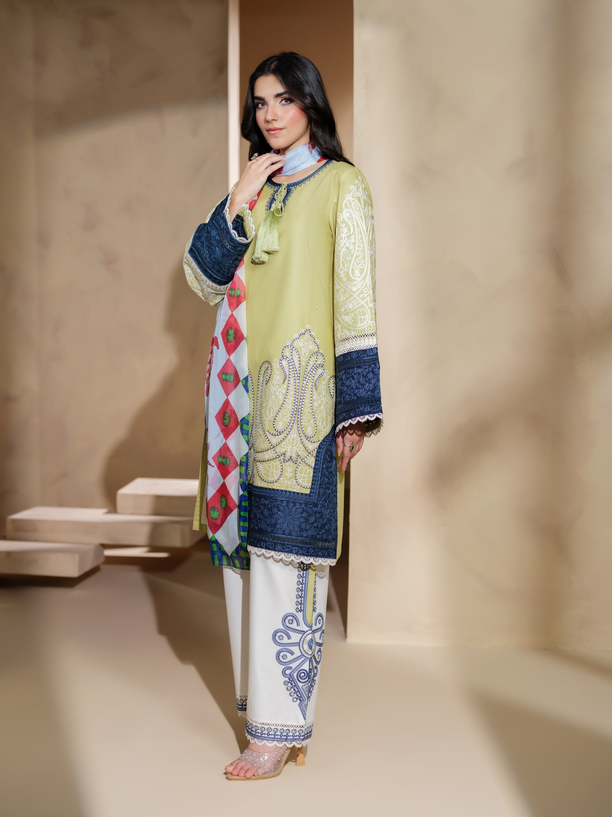 Heeras Embroidered Viscose 3 Piece Suit HEE50