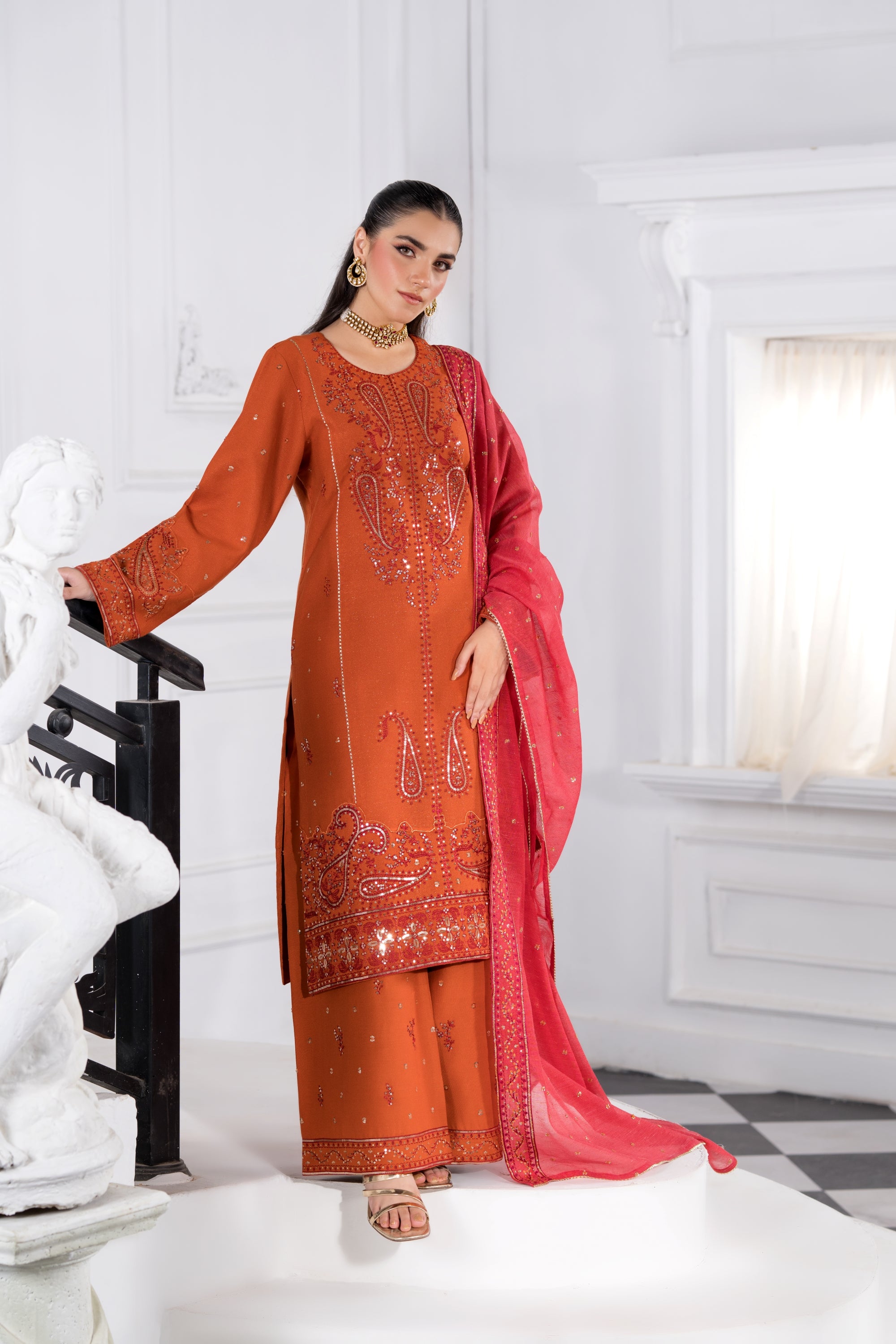 Heeras Embroidered Viscose 3 Piece Suit HEE52