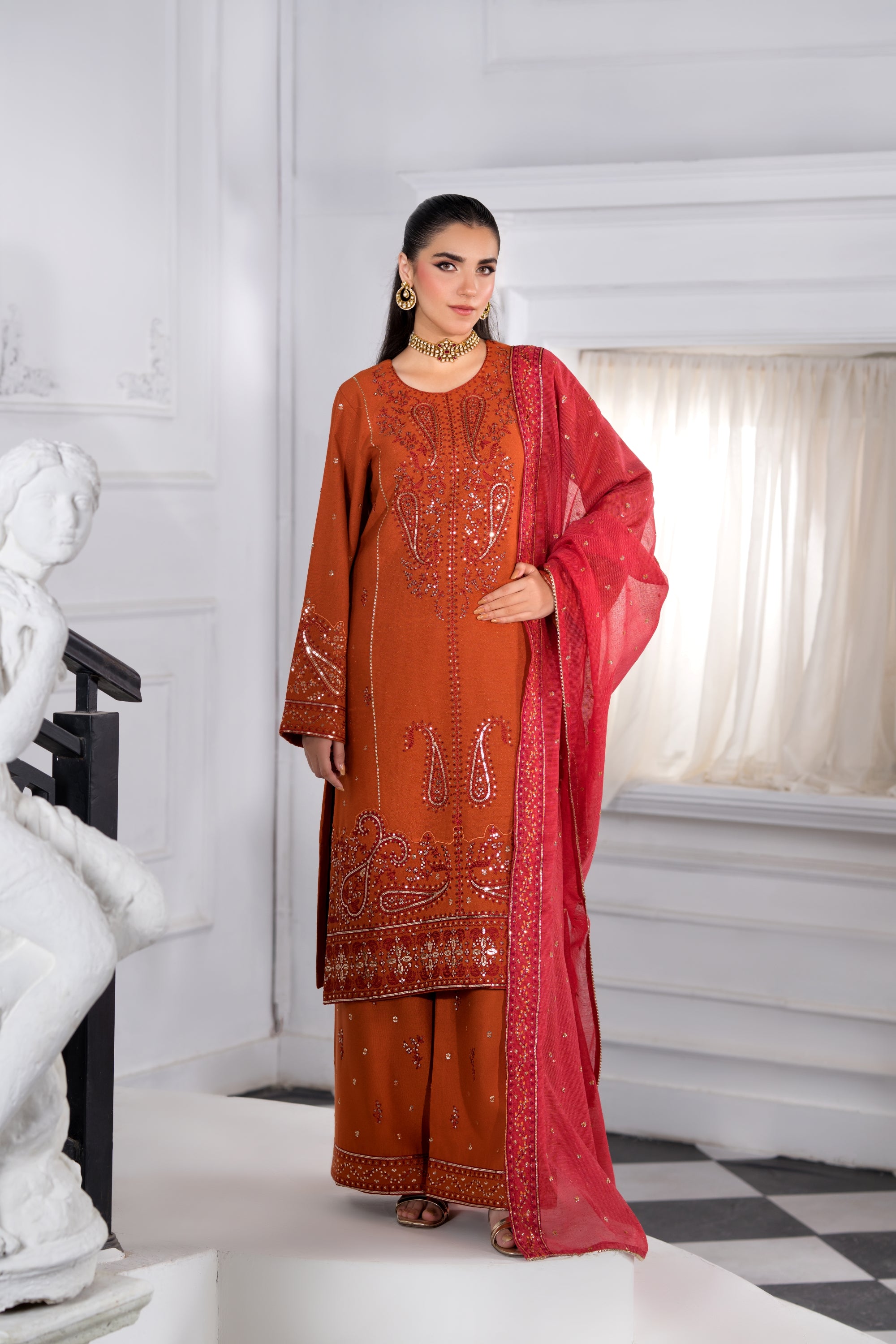 Heeras Embroidered Viscose 3 Piece Suit HEE52