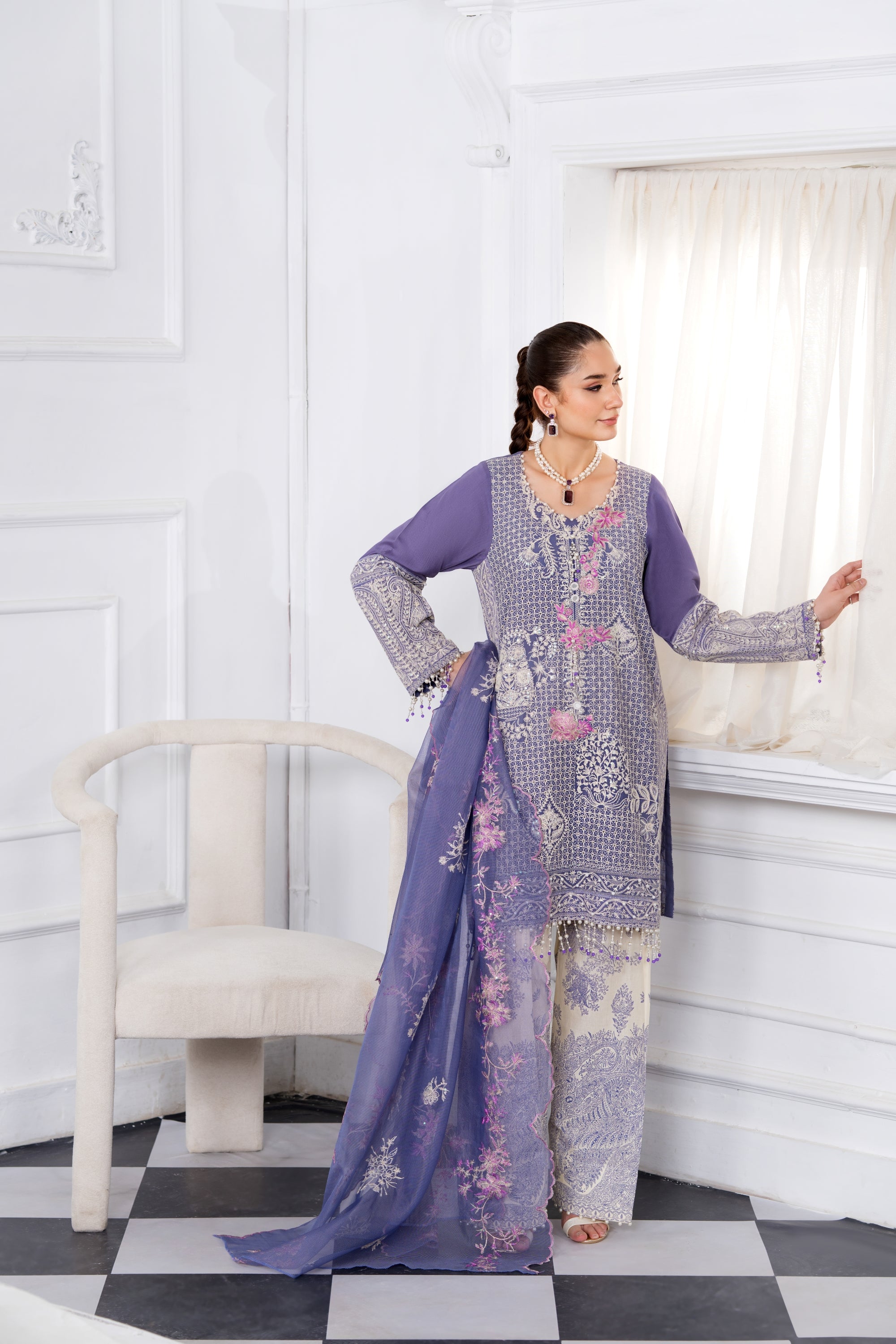 Heeras Embroidered Viscose 3 Piece Suit HEE41