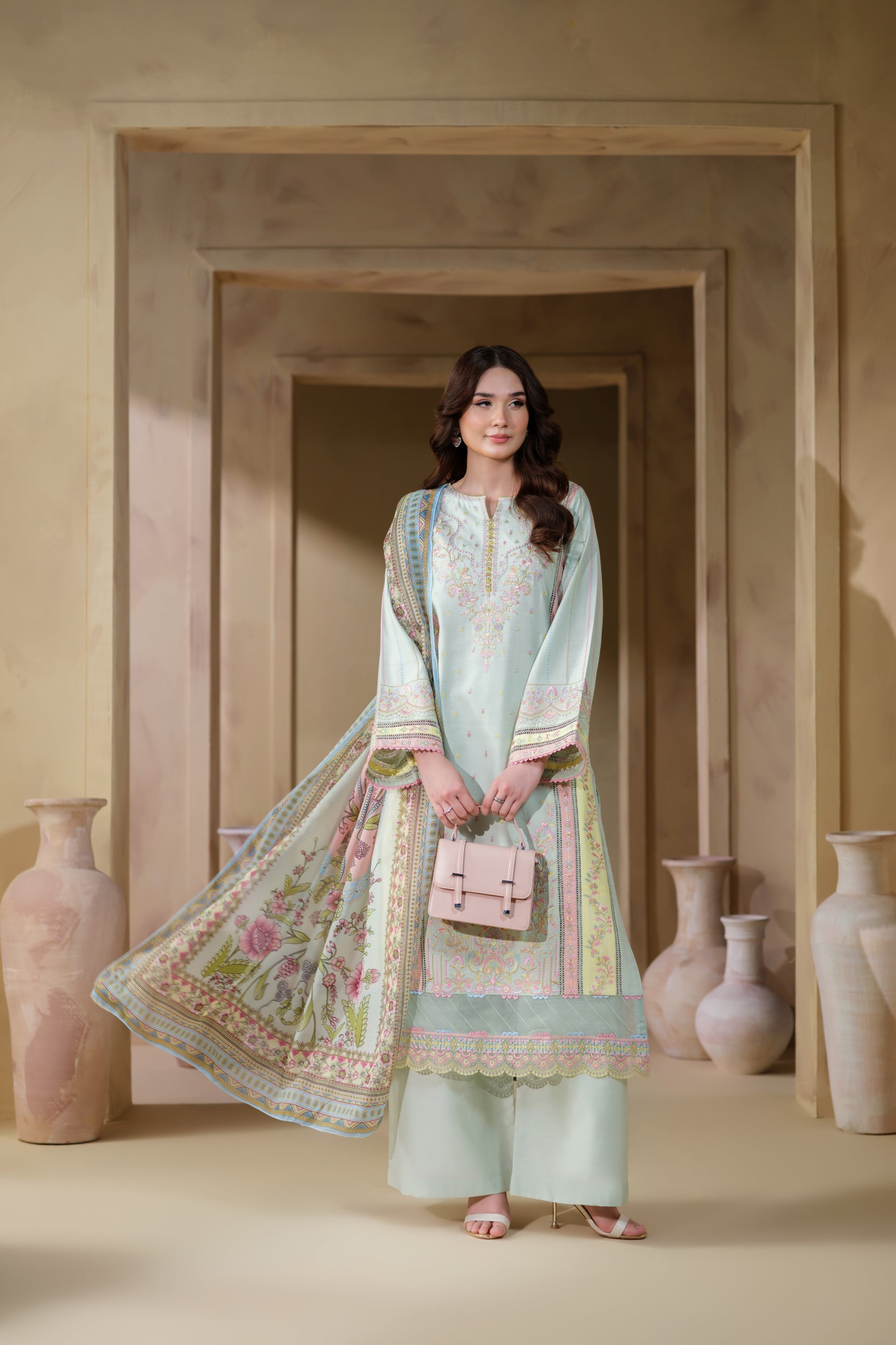 Heeras Embroidered Viscose 3 Piece Suit HEE48