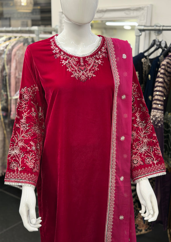 Mihrimah Embroidered Velvet Fuchsia Pink MIH107