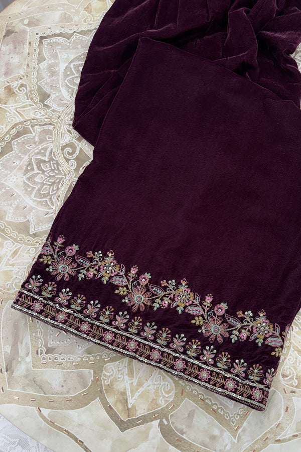 Mihrimah Embroidered Velvet Matt Plum MIH104