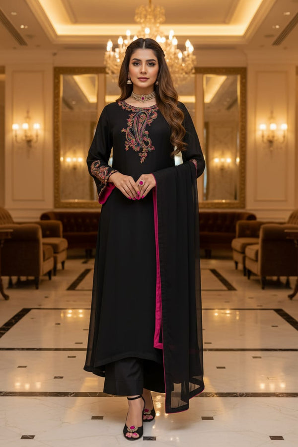Mihrimah Embroidered Chiffon Black Dress MIH116