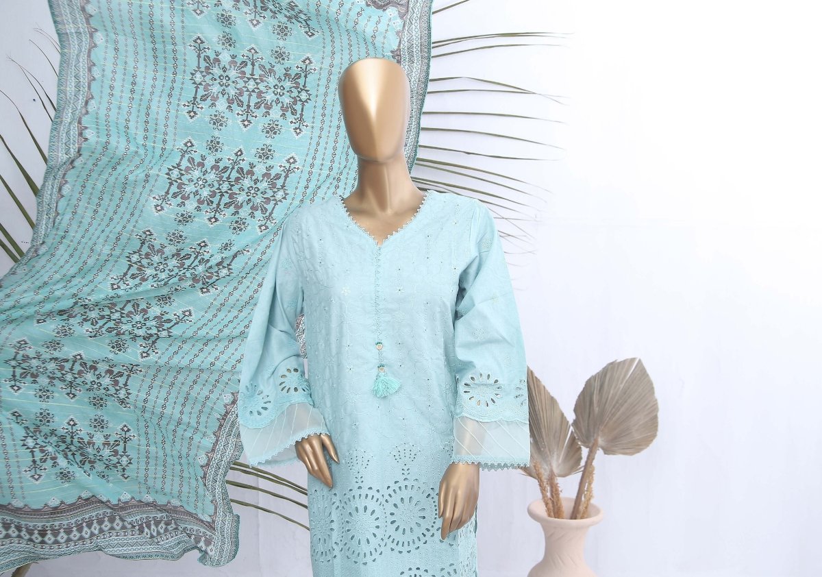 Bin Saeed Chikankari Lawn Stitched 3 Piece Suit - D-08 - BS25LC - Green - Summer Collection main image 0
