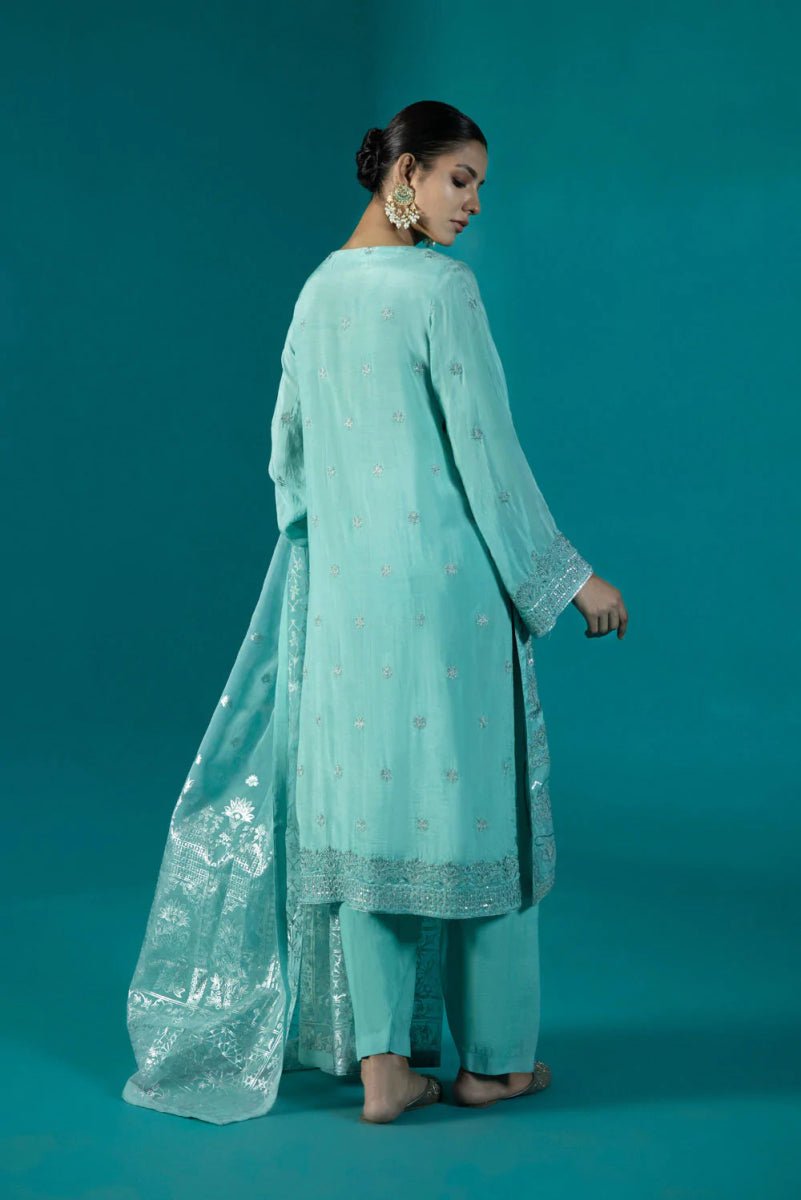Fozia Khalid Pret Embroidered Raw Silk 3 Piece Suit Sapphire Elegance