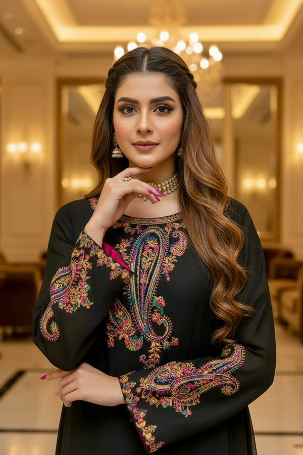 Mihrimah Embroidered Chiffon Black Dress MIH116