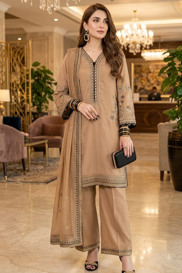 Mihrimah Embroidered Velvet Camel Brown MIH103