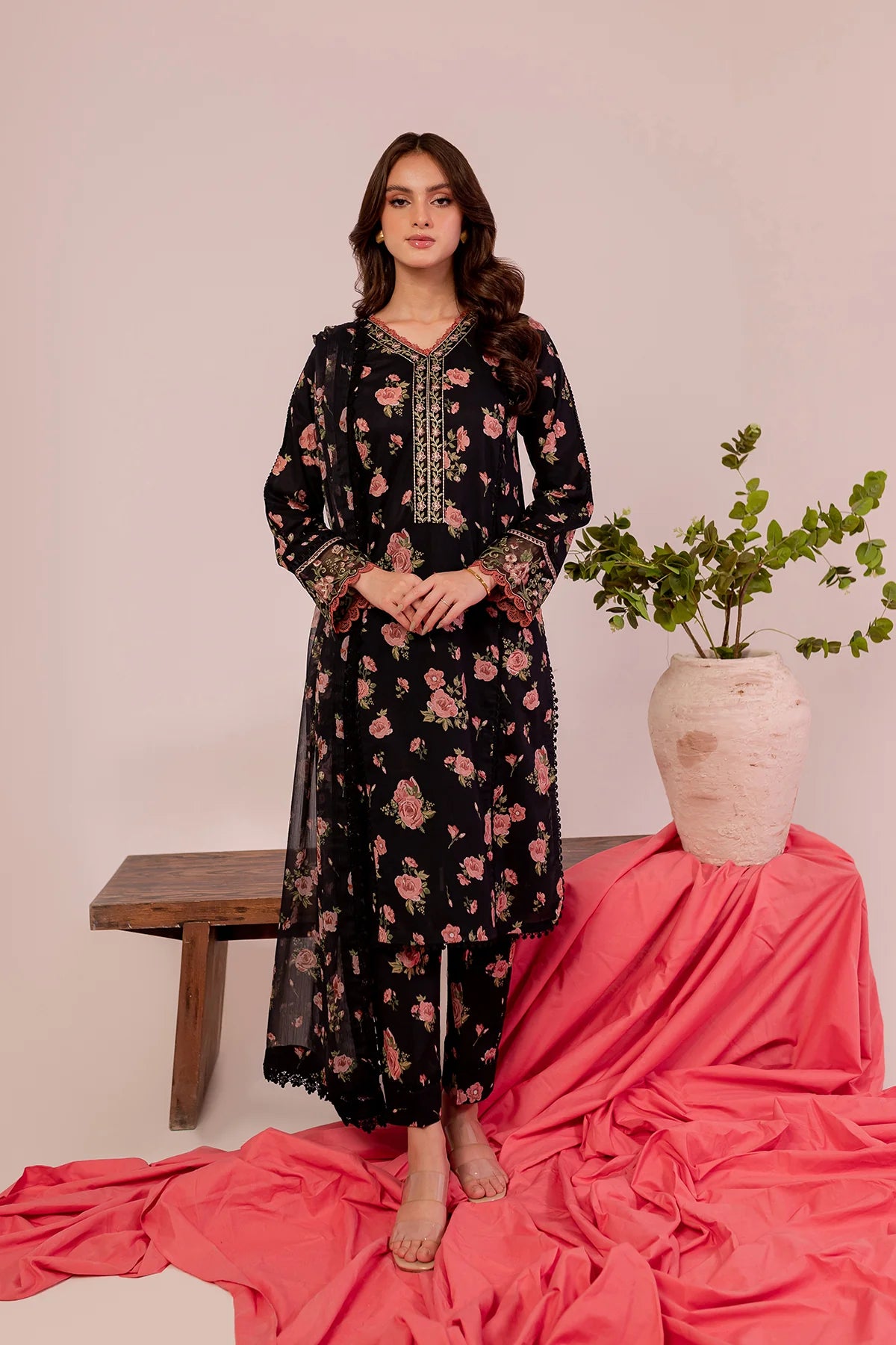 Farasha Lawn Black Scarlet 4 Piece Suit FAR09