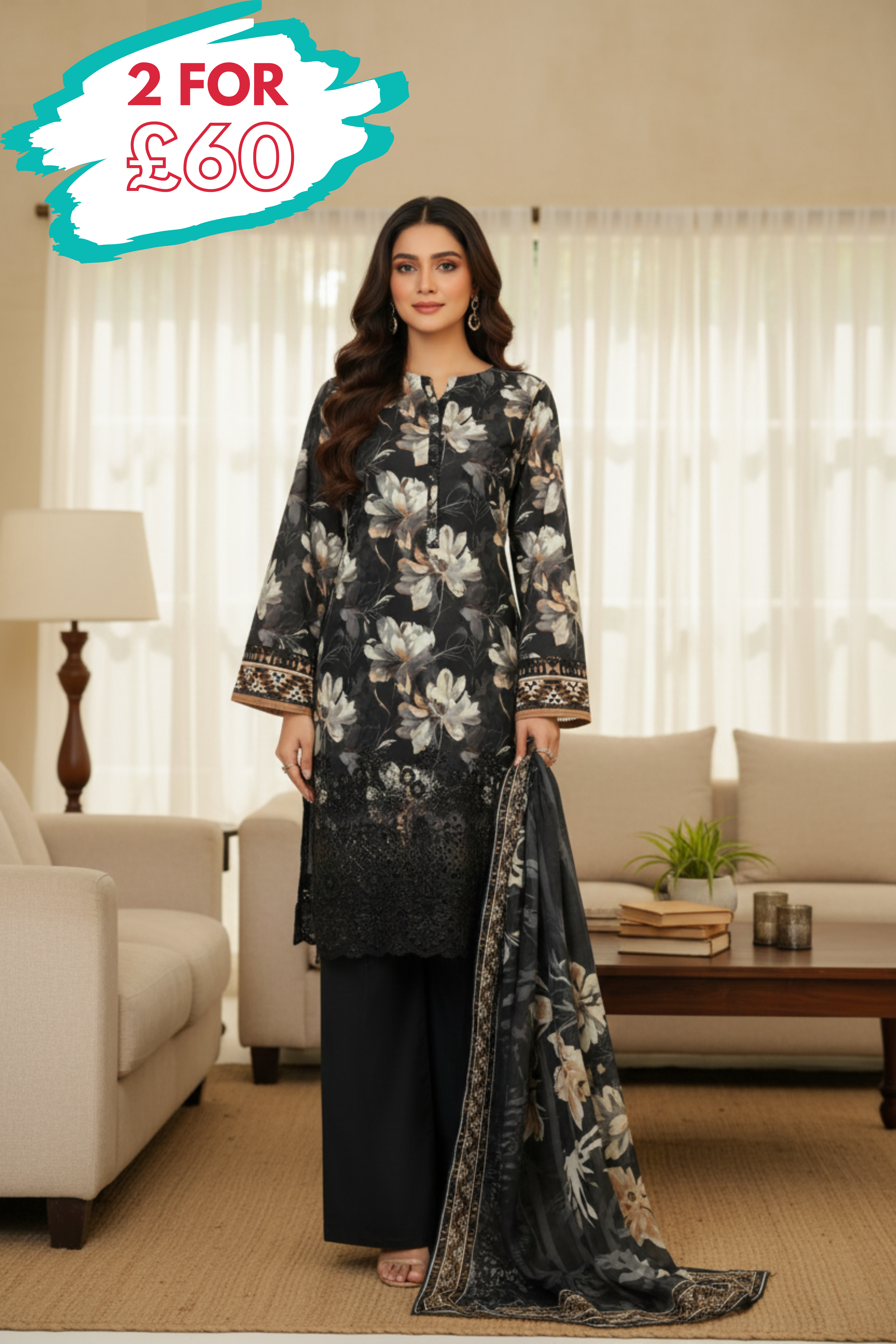 HZ Textiles Chikankari Lawn 3 Piece Suit HZT01