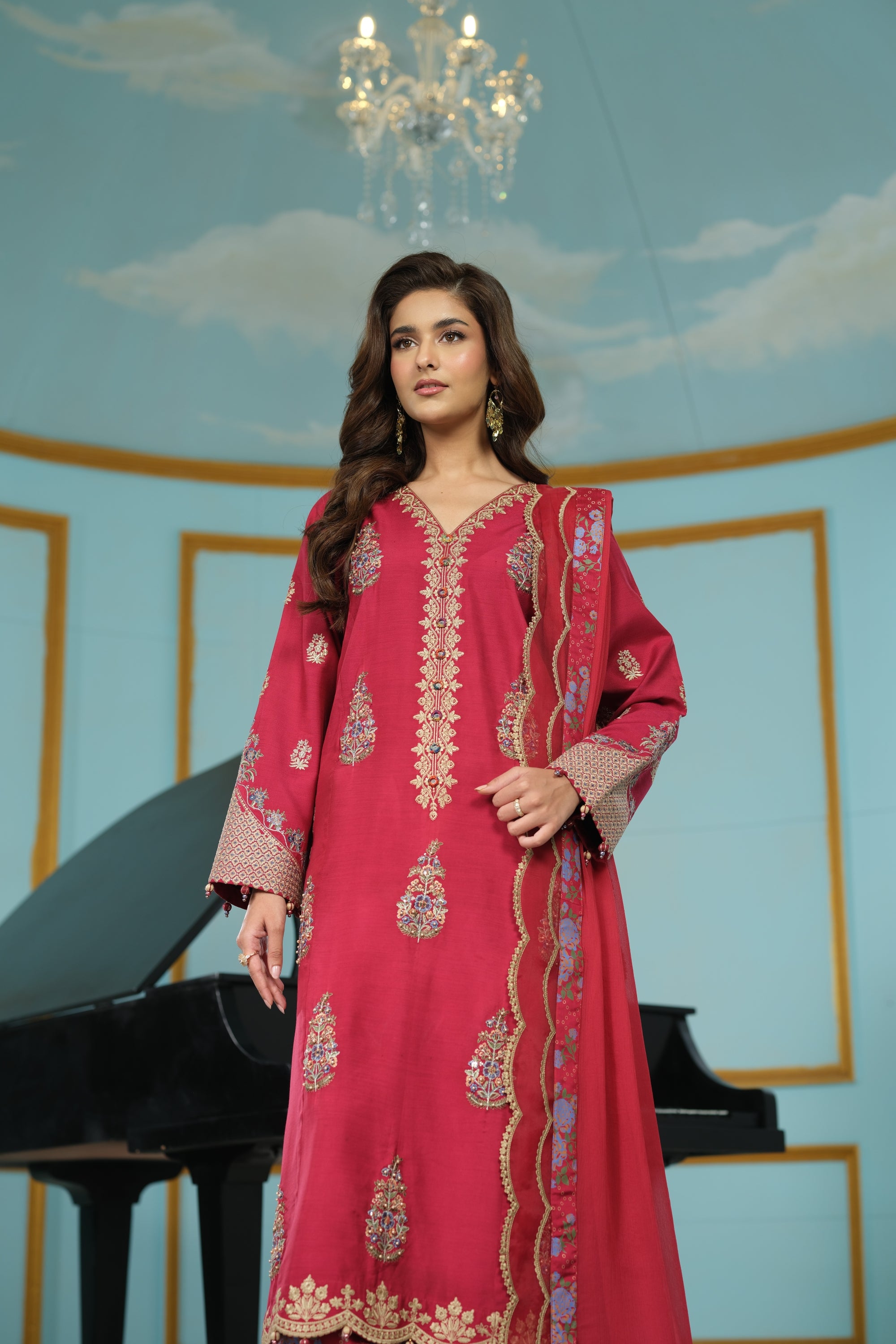 Heeras Embroidered Viscose 3 Piece Suit HEE75
