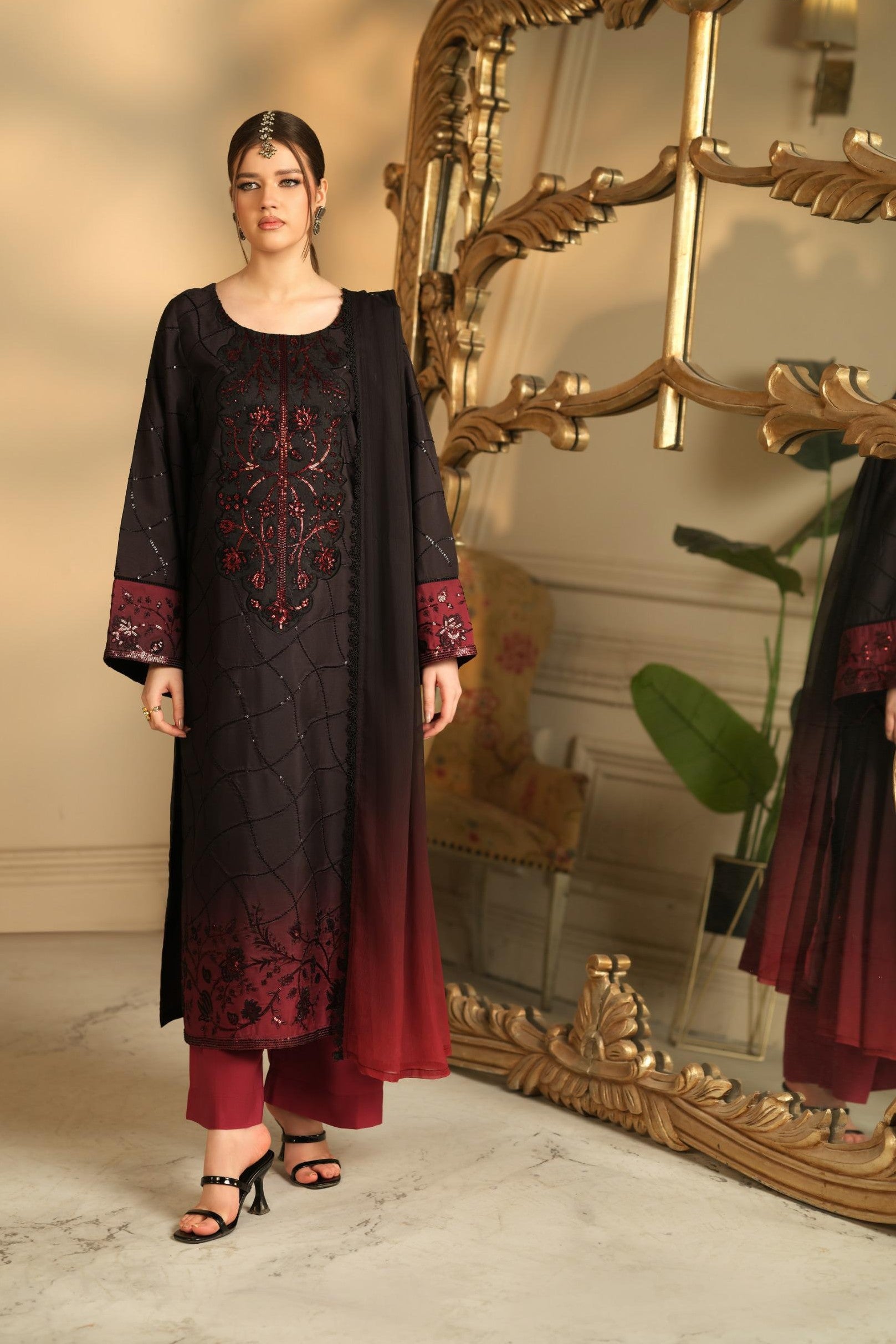 Heeras Embroidered Viscose 3 Piece Suit HEE74