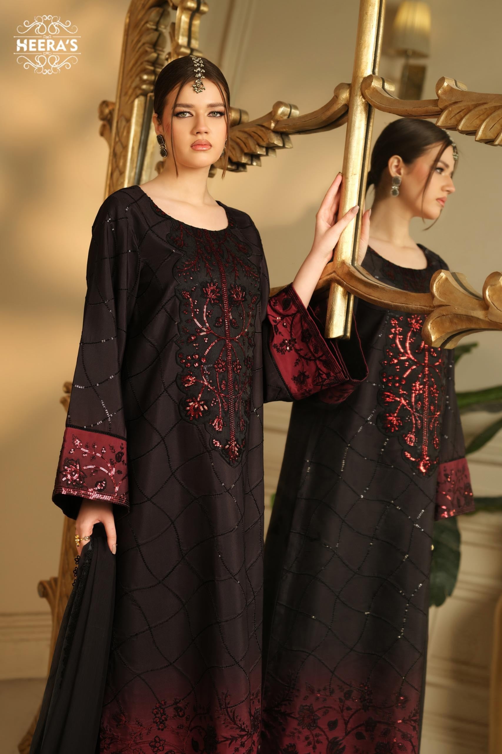 Heeras Embroidered Viscose 3 Piece Suit HEE74