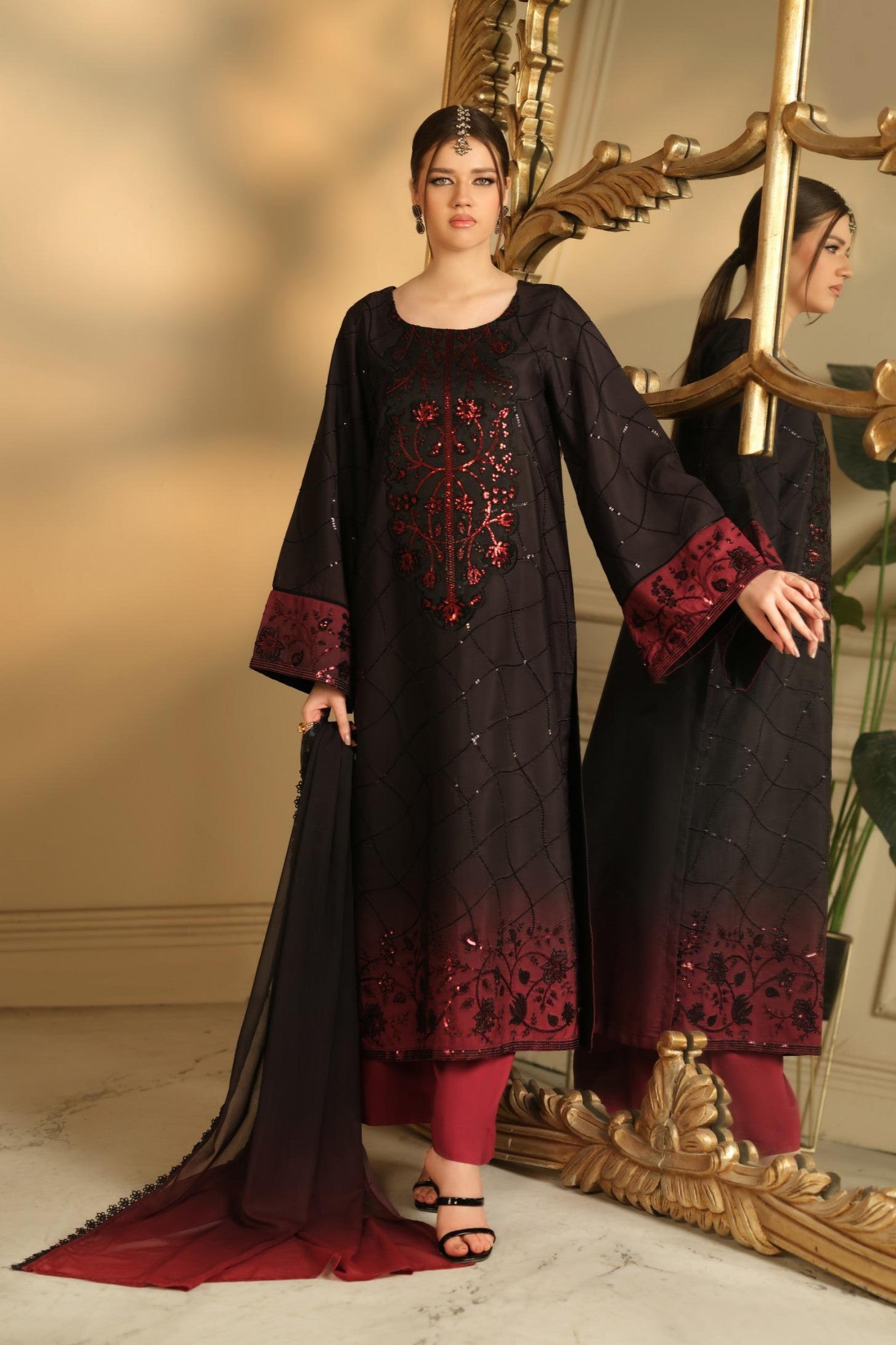 Heeras Embroidered Viscose 3 Piece Suit HEE74