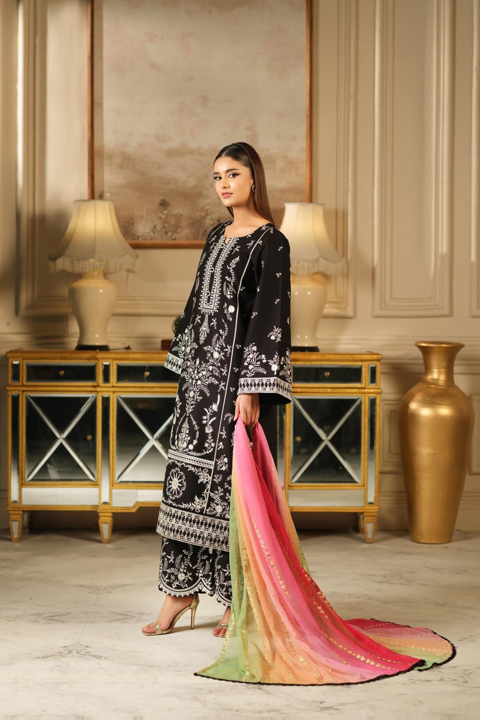 Heeras Embroidered Cambric 3 Piece Suit HEE85