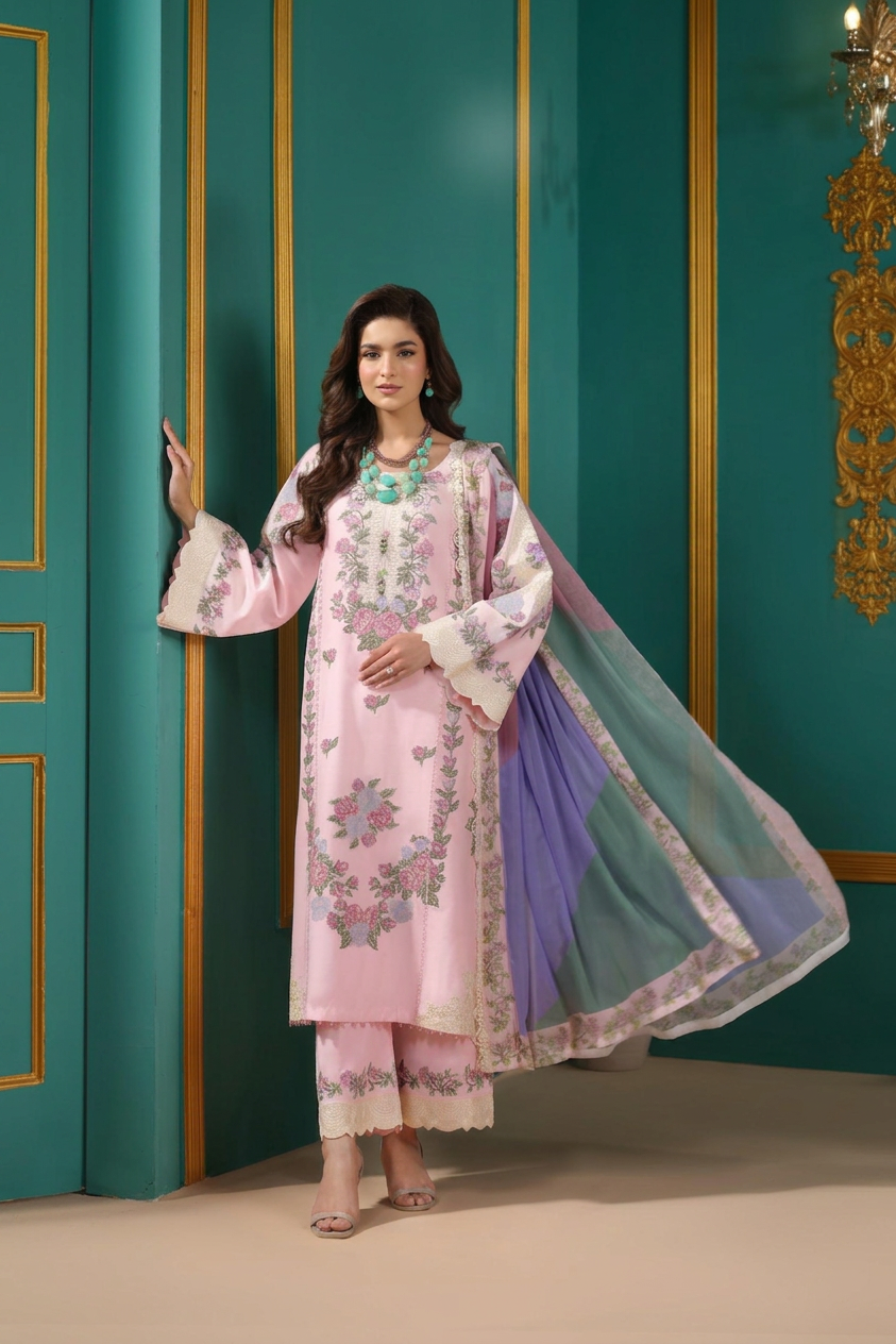 Heeras Embroidered Cambric 3 Piece Suit HEE86
