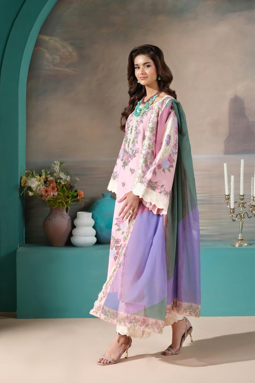 Heeras Embroidered Cambric 3 Piece Suit HEE86