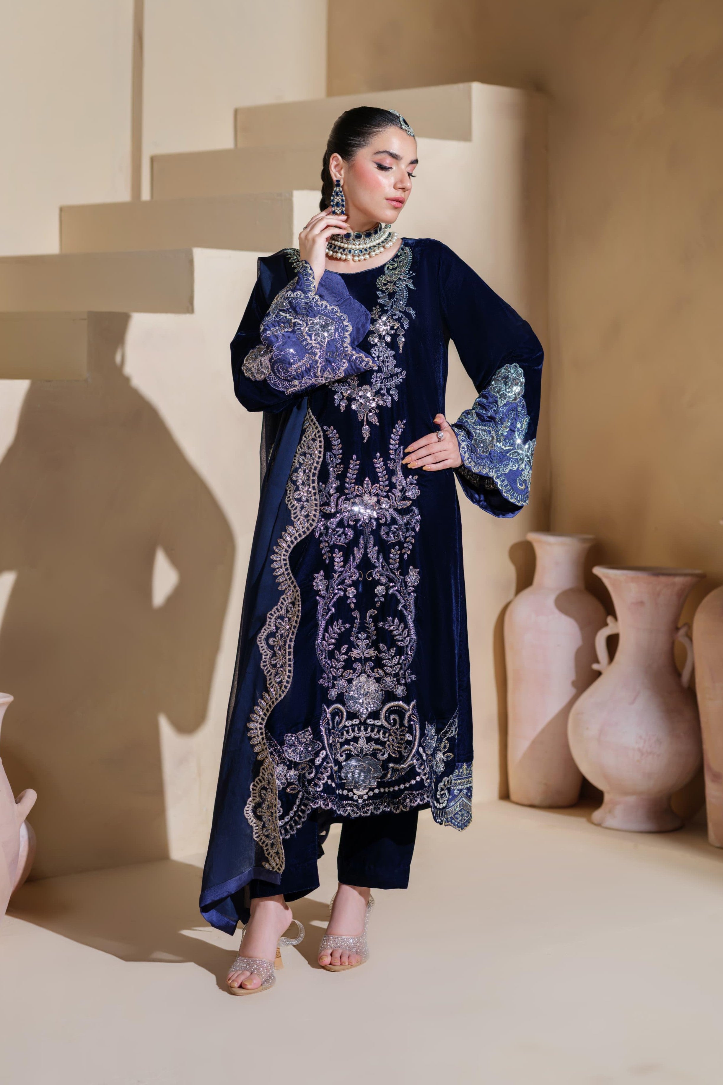 Heeras Embroidered Velvet 3 Piece Suit HEE63