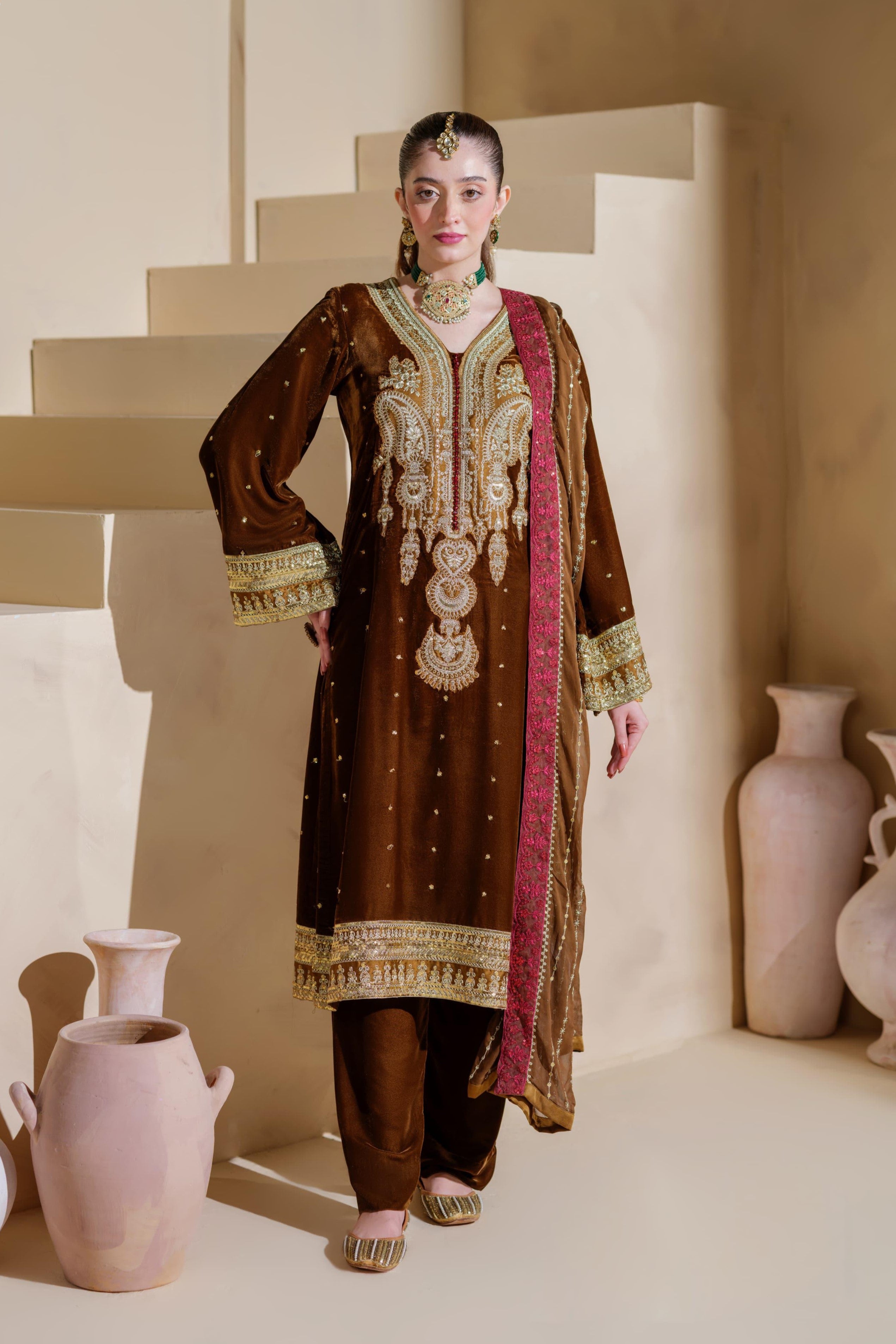 Heeras Embroidered Velvet 3 Piece Suit HEE65