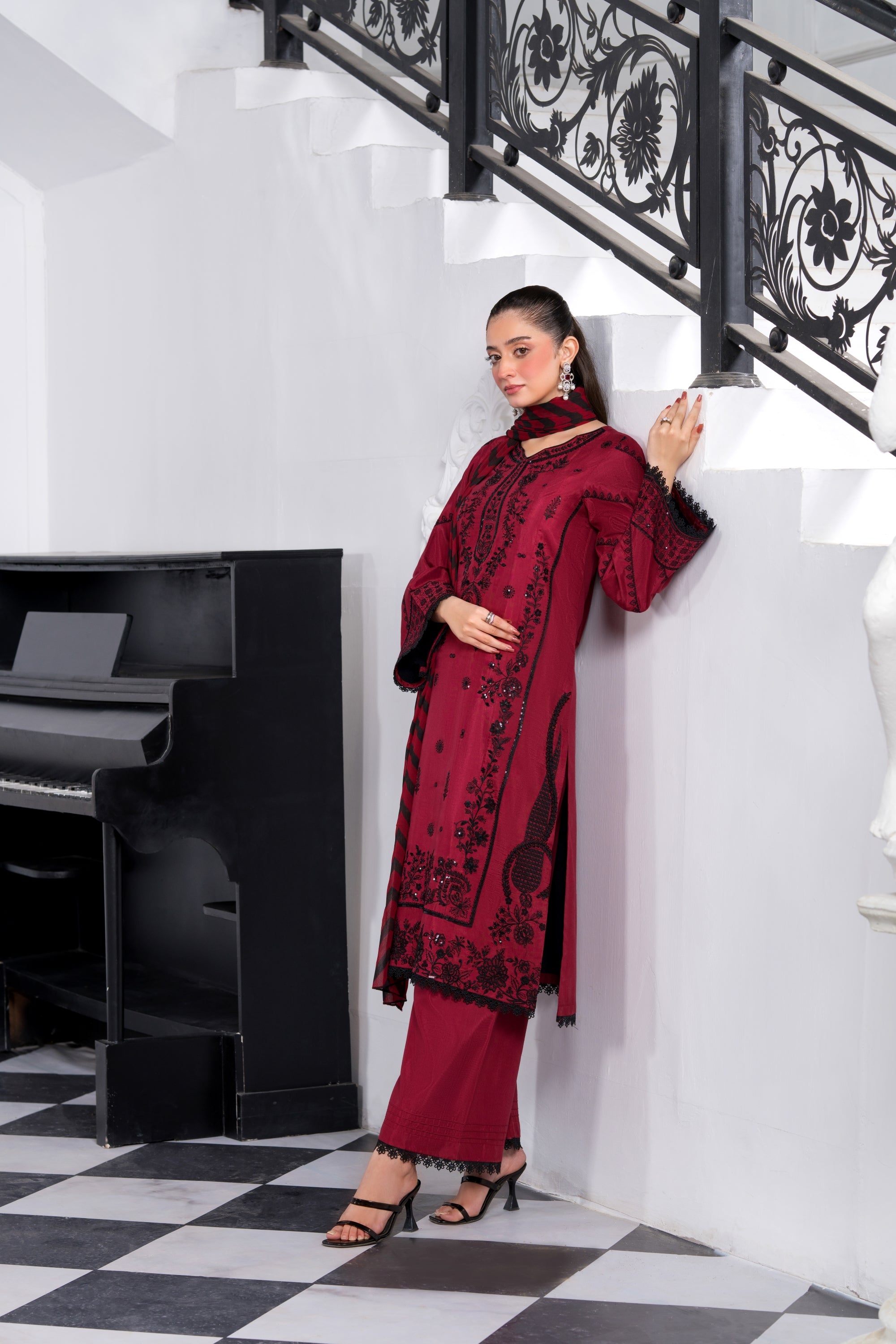 Heeras Embroidered Viscose 3 Piece Suit HEE46