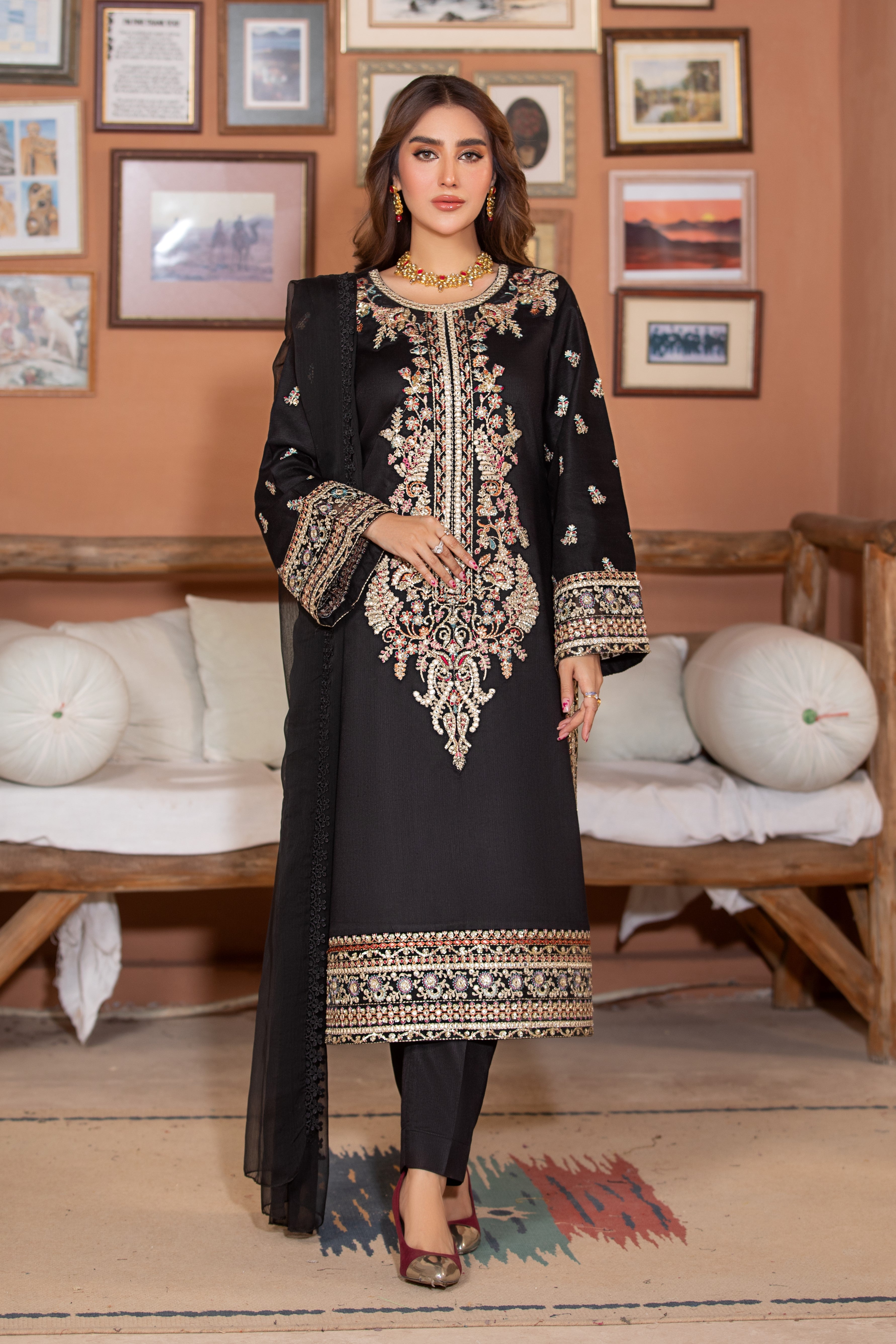 Heeras Embroidered Linen 3 Piece Suit HEE19