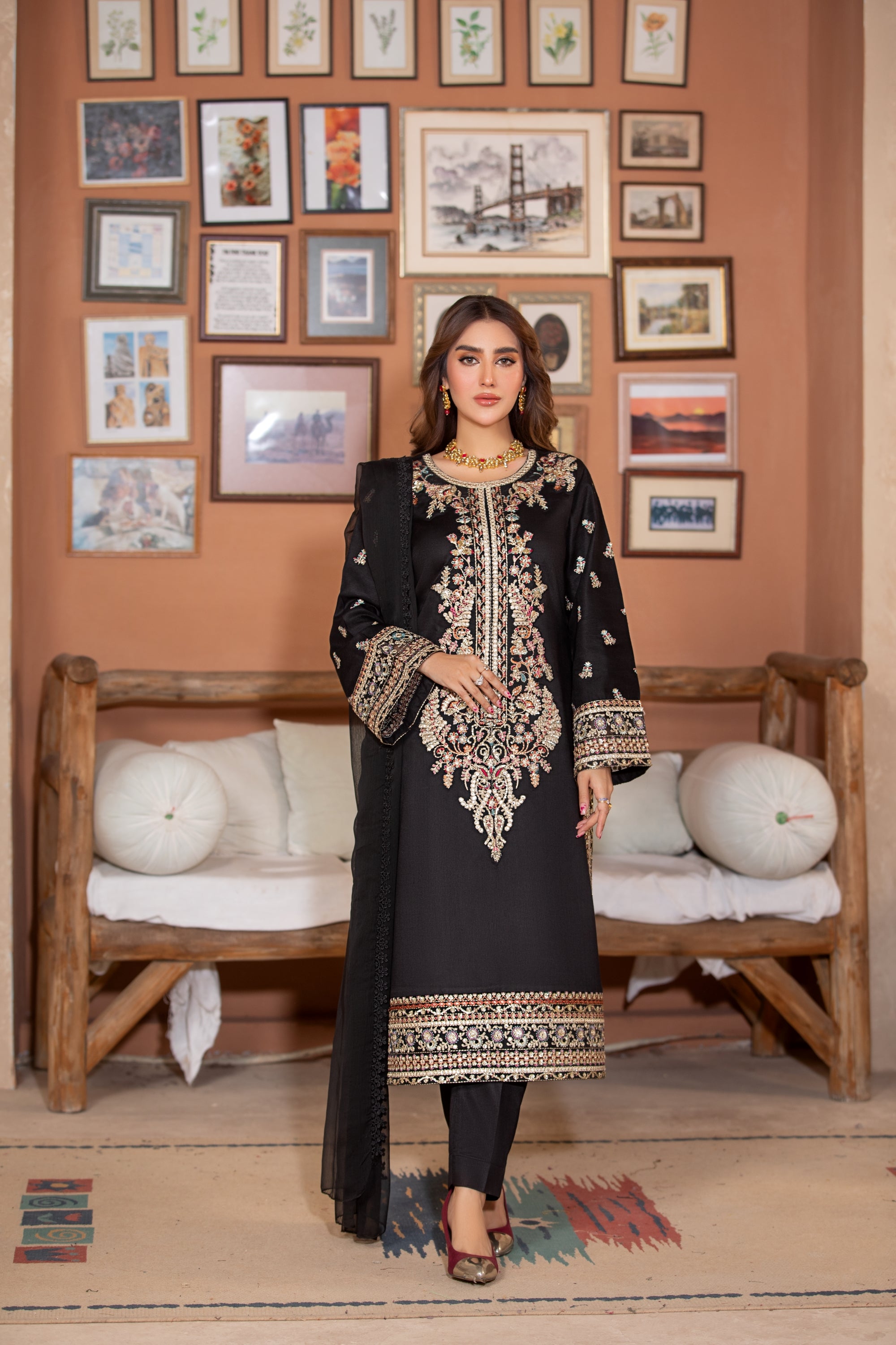 Heeras Embroidered Linen 3 Piece Suit HEE19